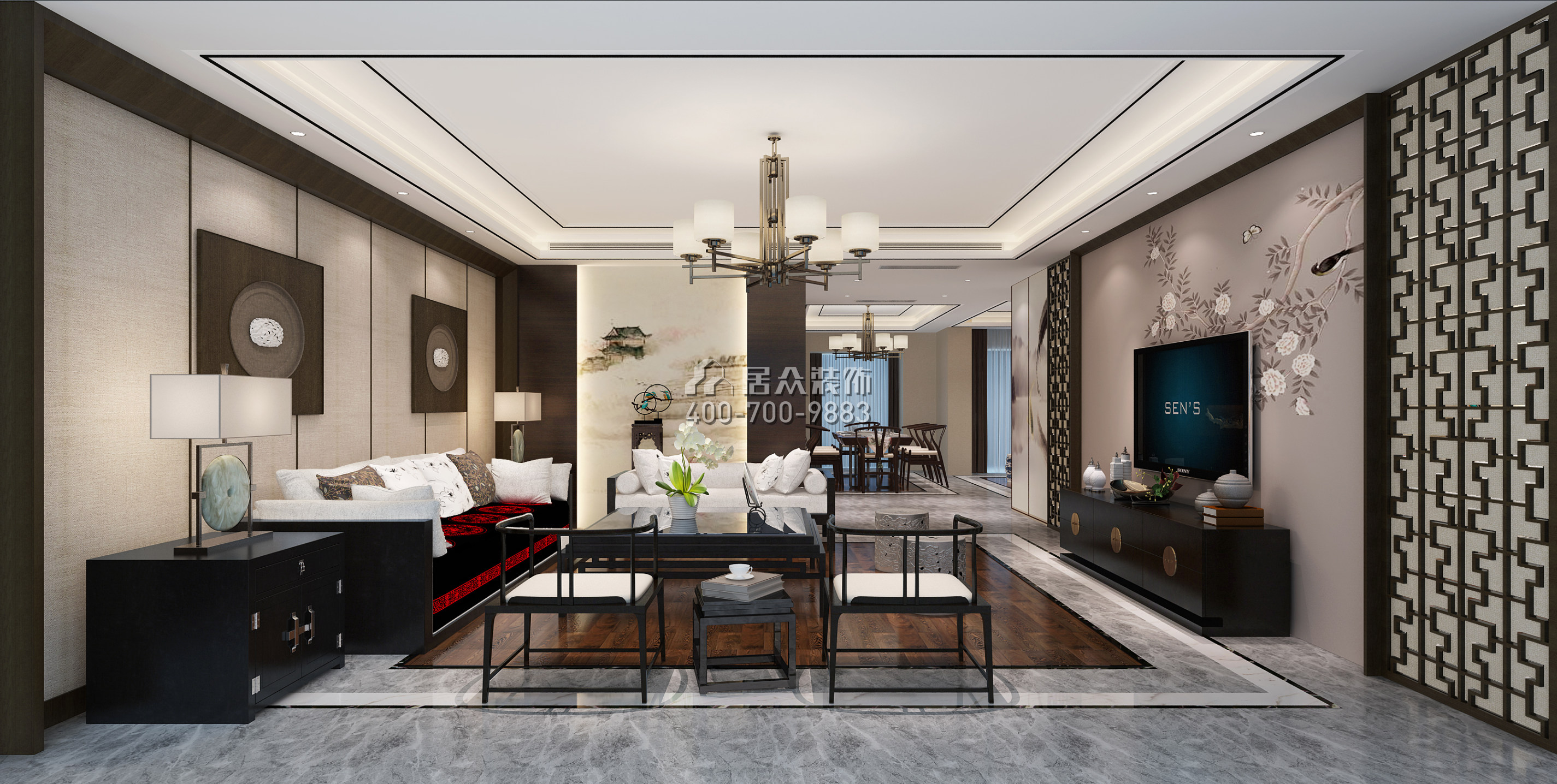 山語清暉一期220平方米中式風格平層戶型客廳裝修效果圖