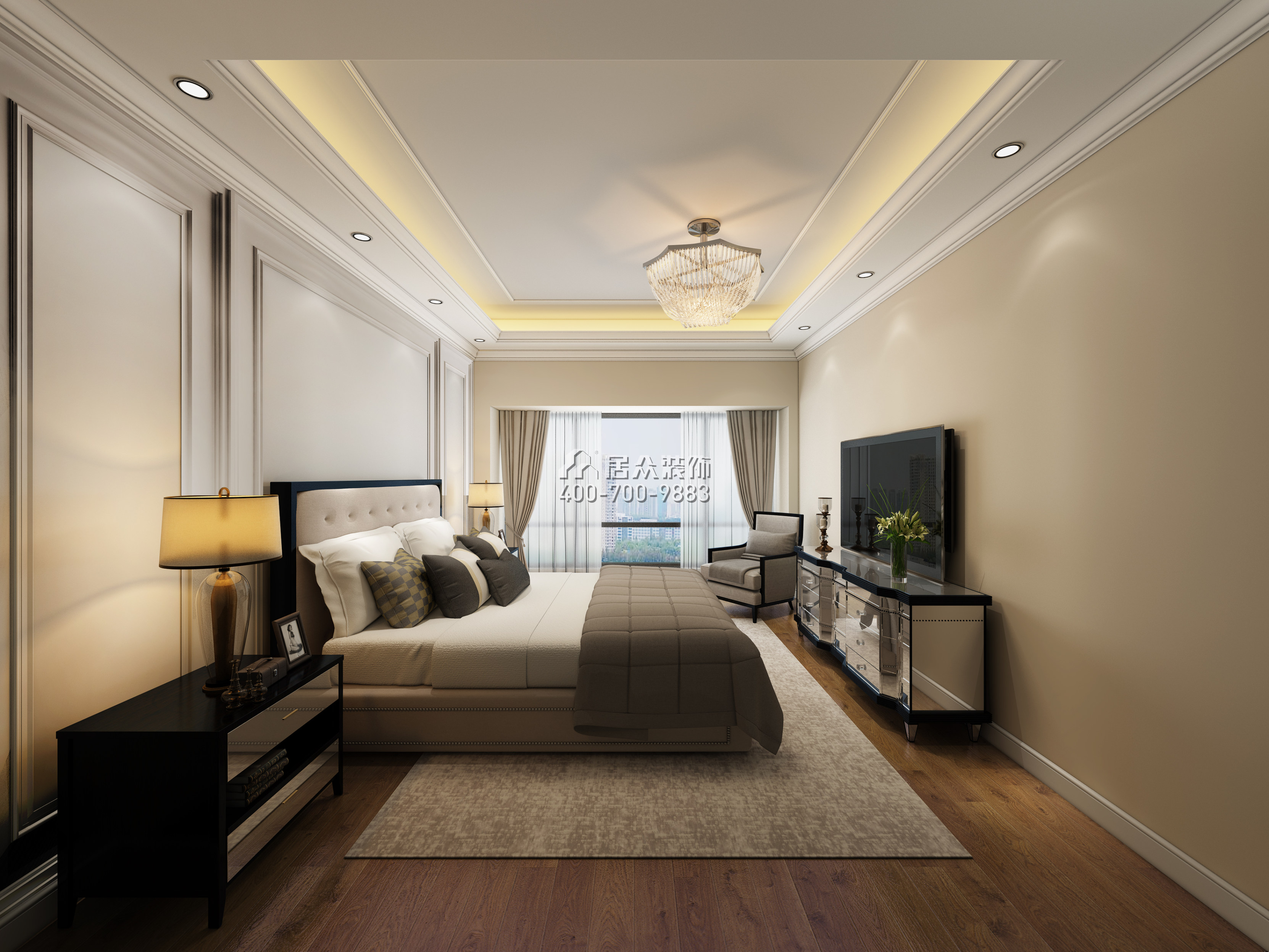 鸿荣源尚峰138平方米美式风格平层户型卧室装修效果图