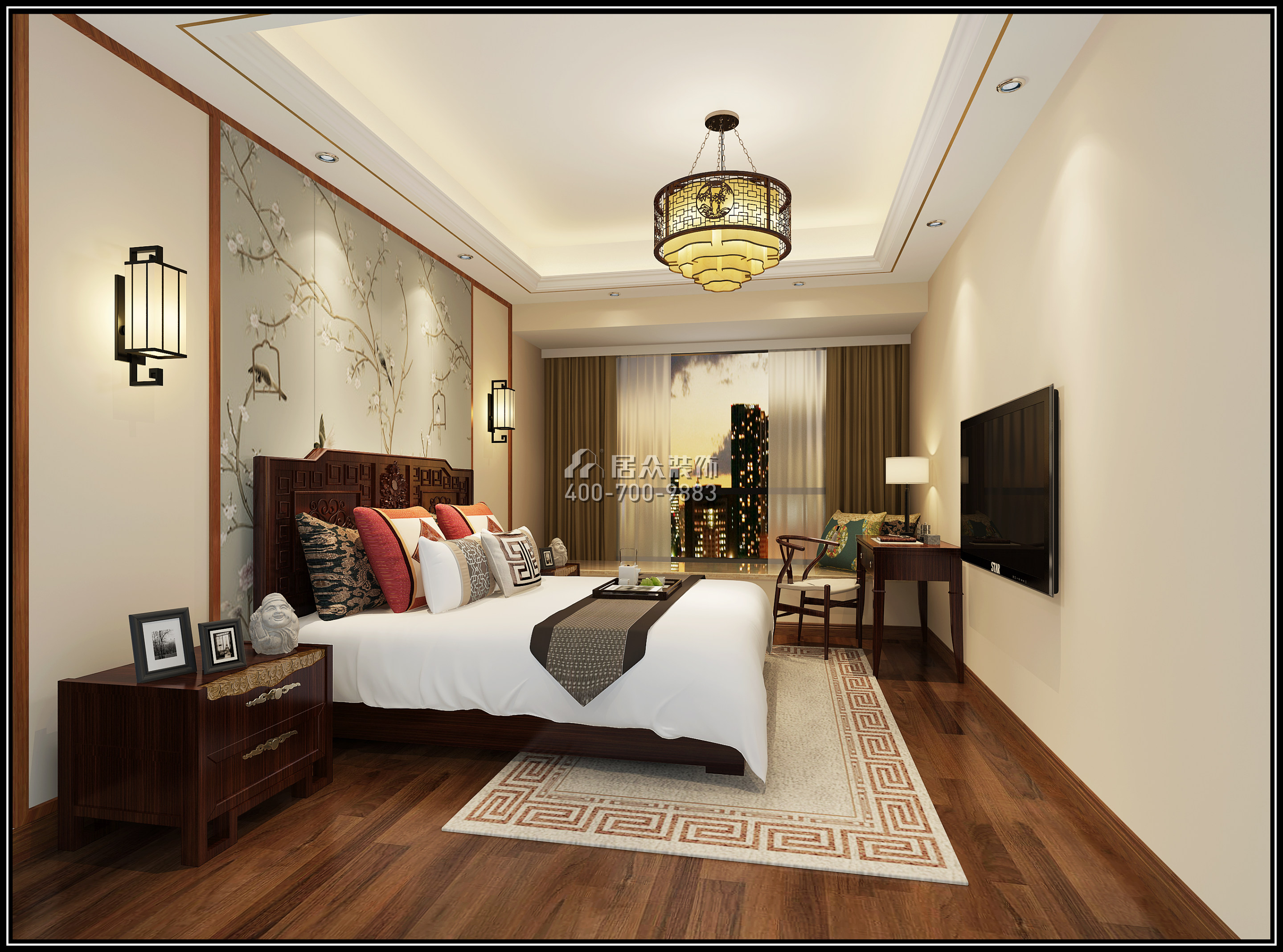 华润城润府150平方米中式风格平层户型卧室装修效果图