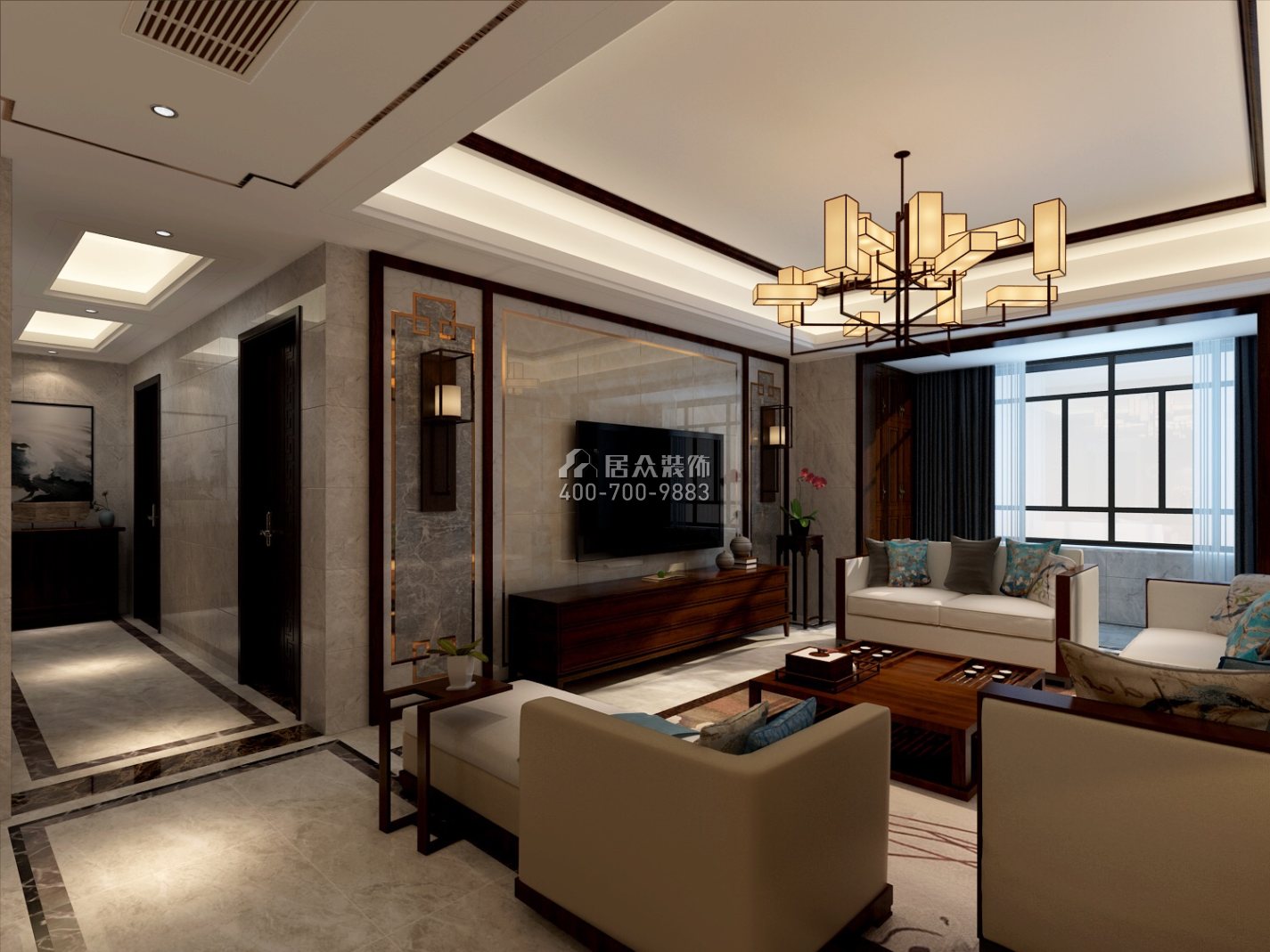 紫御華庭140平方米中式風格平層戶型客廳裝修效果圖