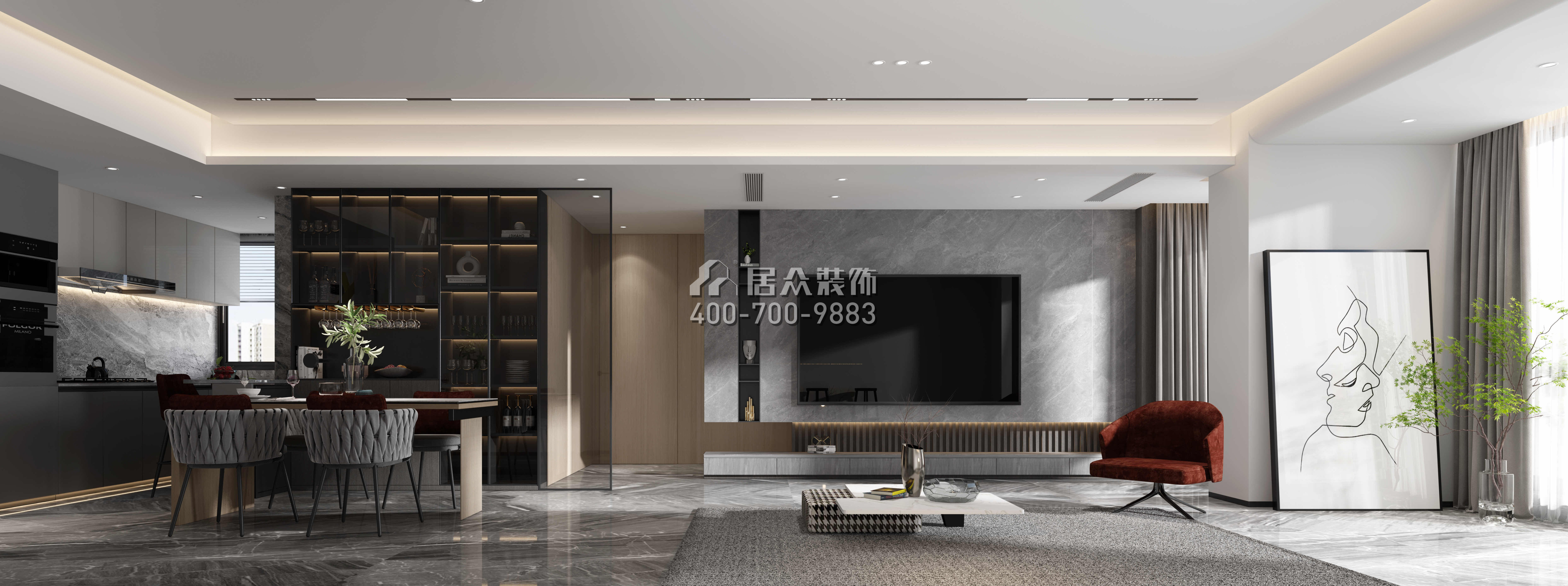 鸣溪谷185平方米现代简约风格复式户型客餐厅一体（中国）科技有限公司官网效果图