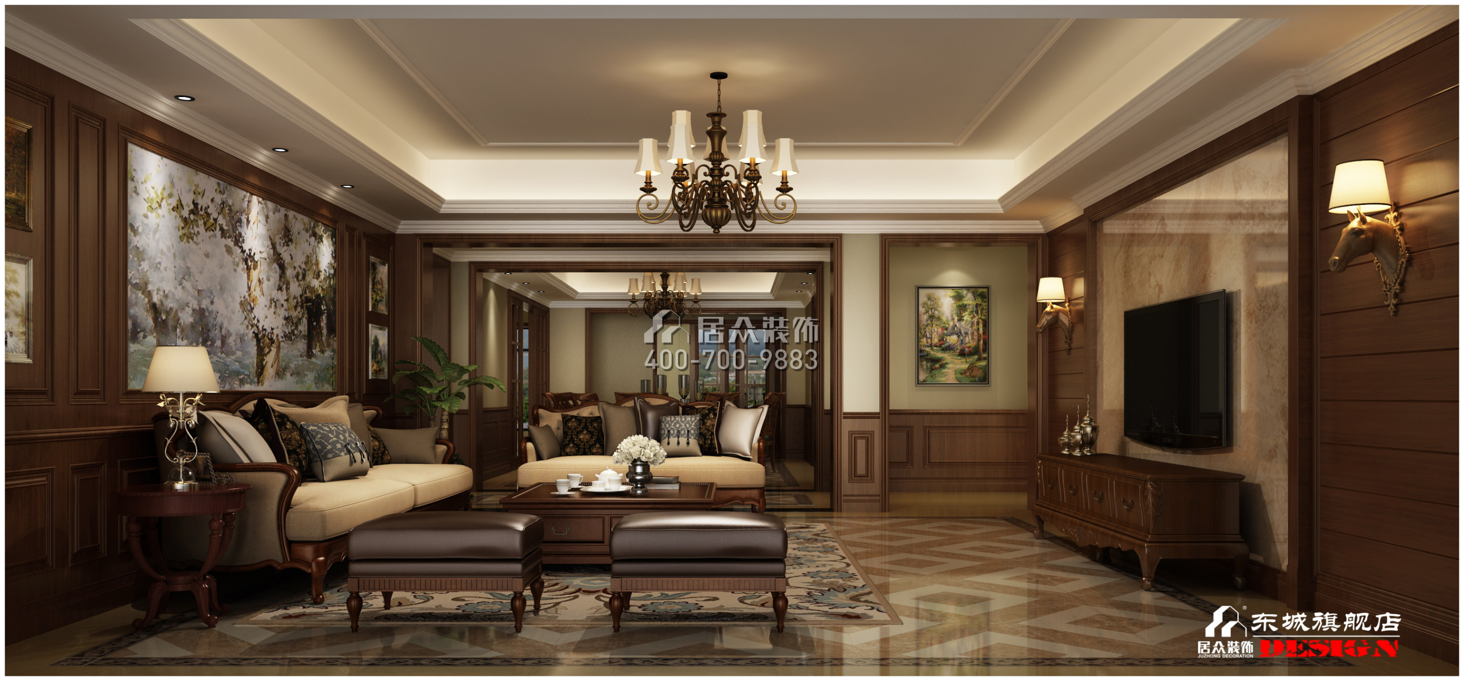 碧桂园天玺湾400平方米美式风格平层户型客厅装修效果图