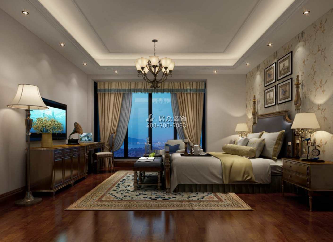 维港半岛150平方米美式风格平层户型卧室开元官网效果图