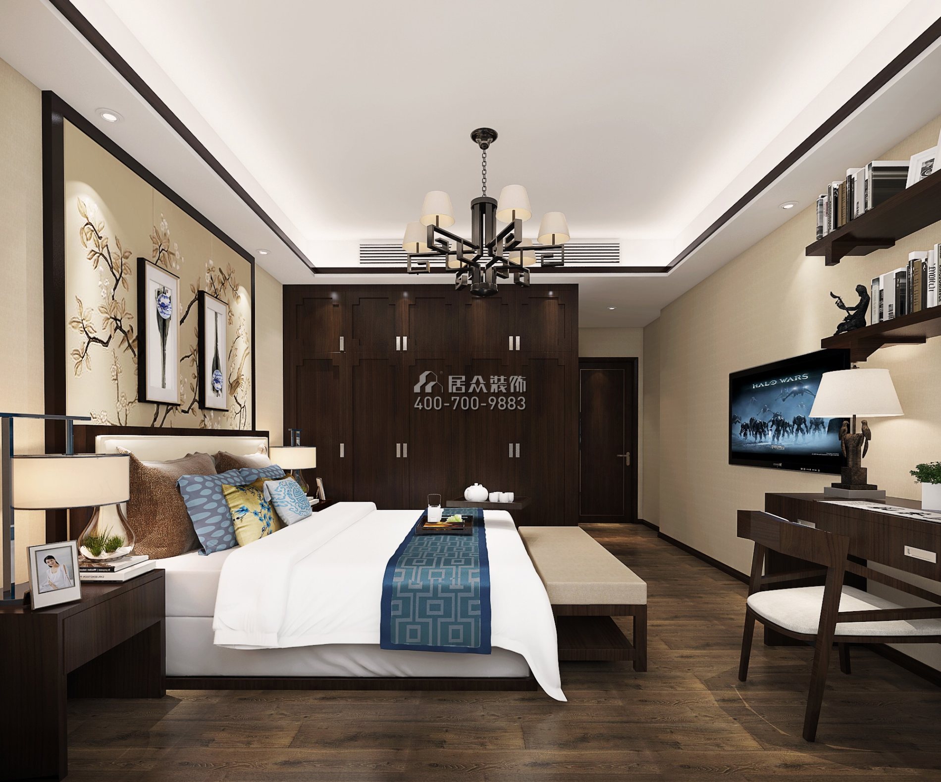 恒大华府140平方米中式风格平层户型卧室装修效果图