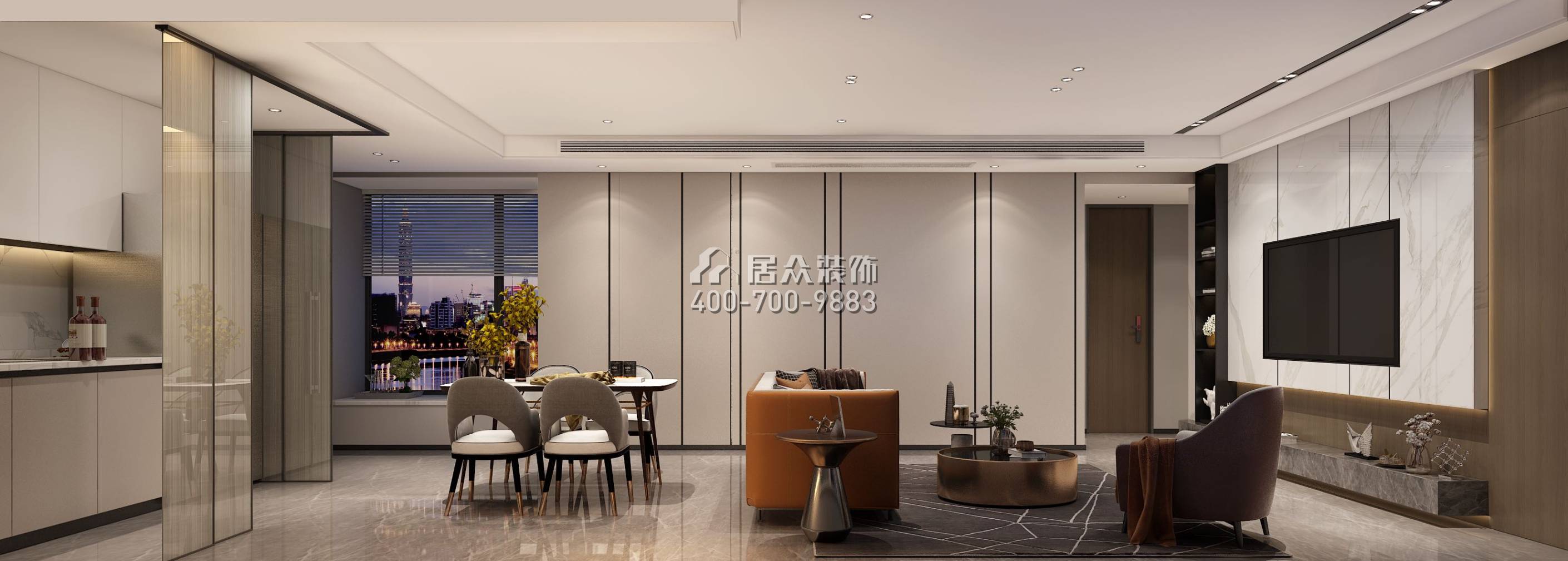 天鹅湖花园三期123平方米现代简约风格平层户型客餐厅一体装修效果图