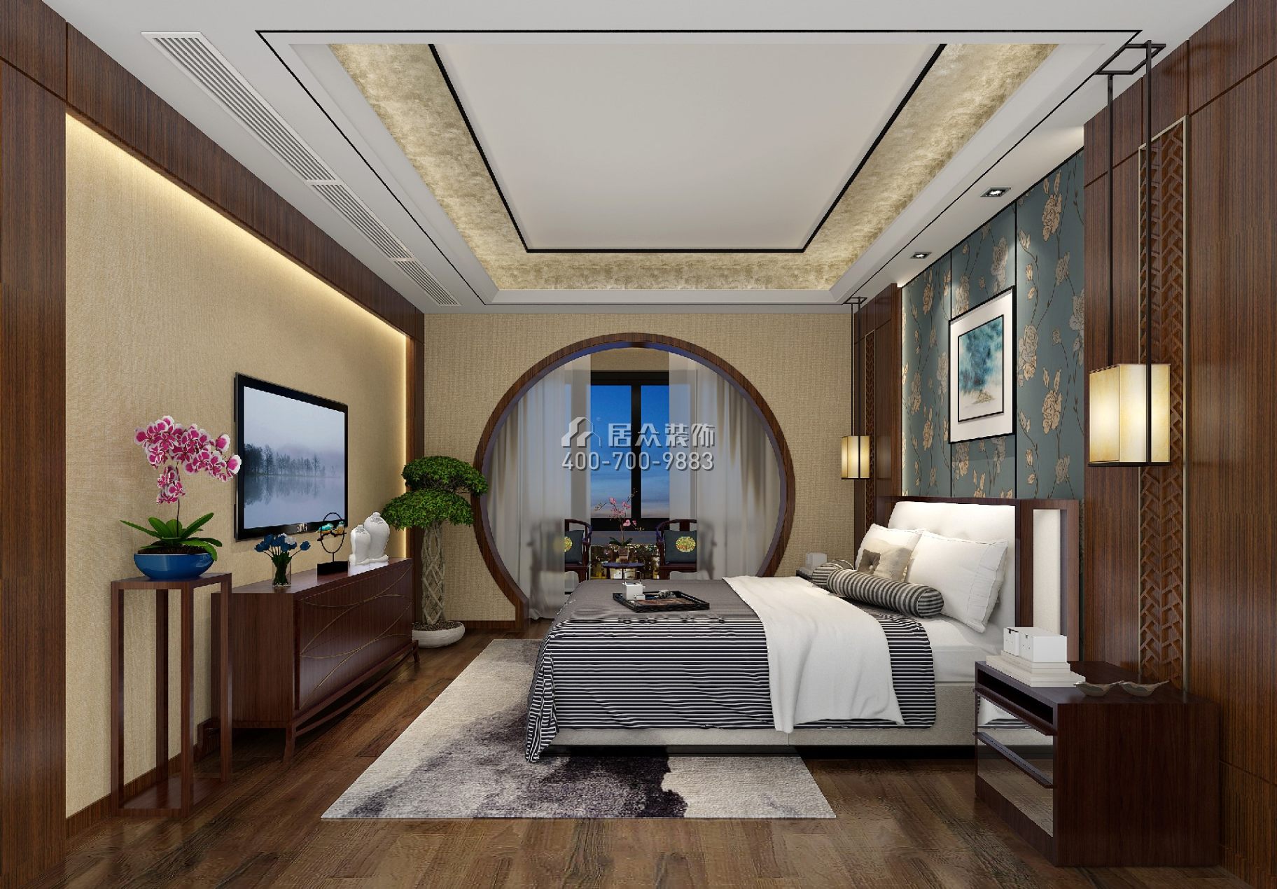 半岛城邦二期180平方米中式风格平层户型卧室装修效果图