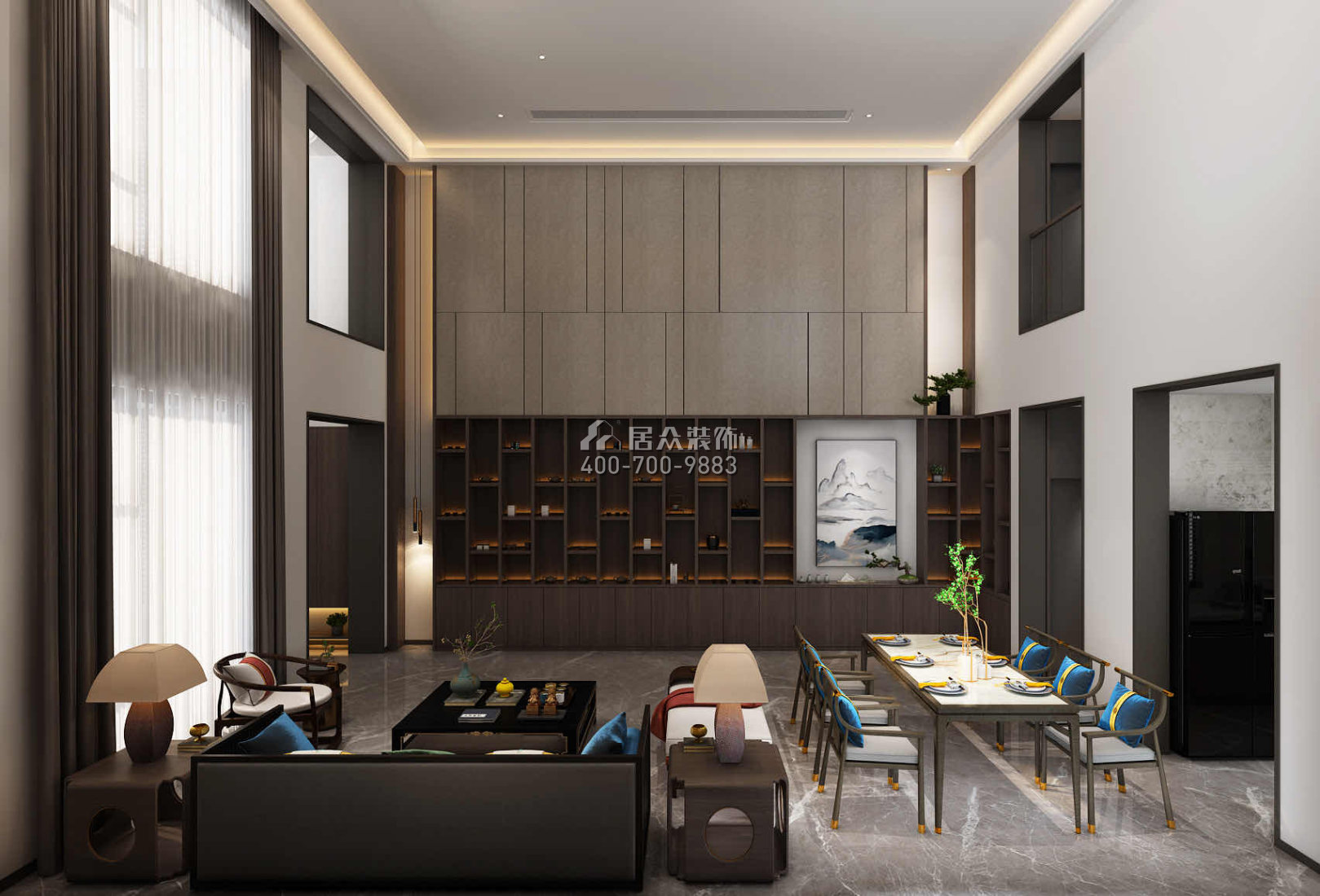 天源星城500平方米中式风格别墅户型客餐厅一体装修效果图