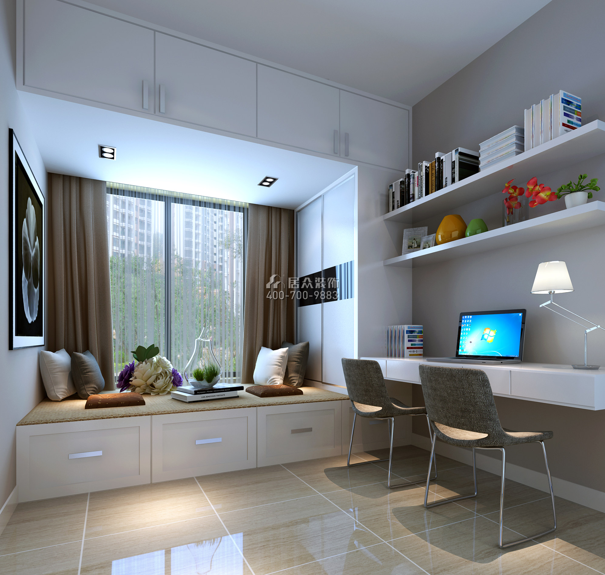 天汇城165平方米现代简约风格平层户型卧室书房一体装修效果图