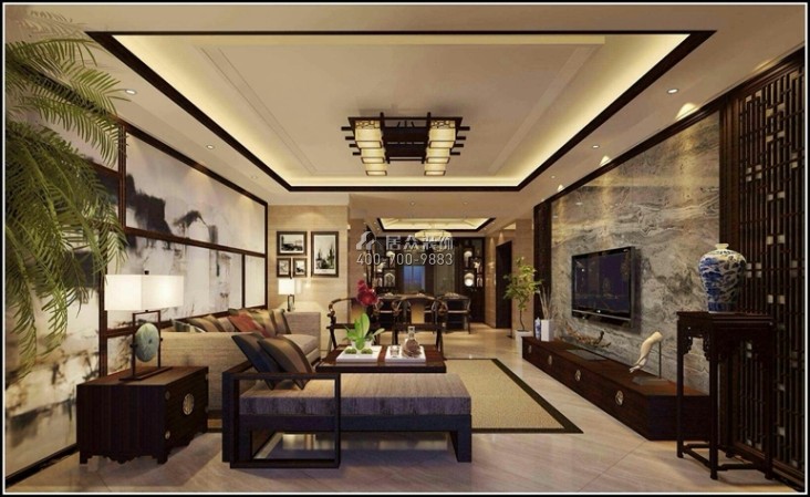 碧桂园清泉城125平方米中式风格平层户型客厅装修效果图
