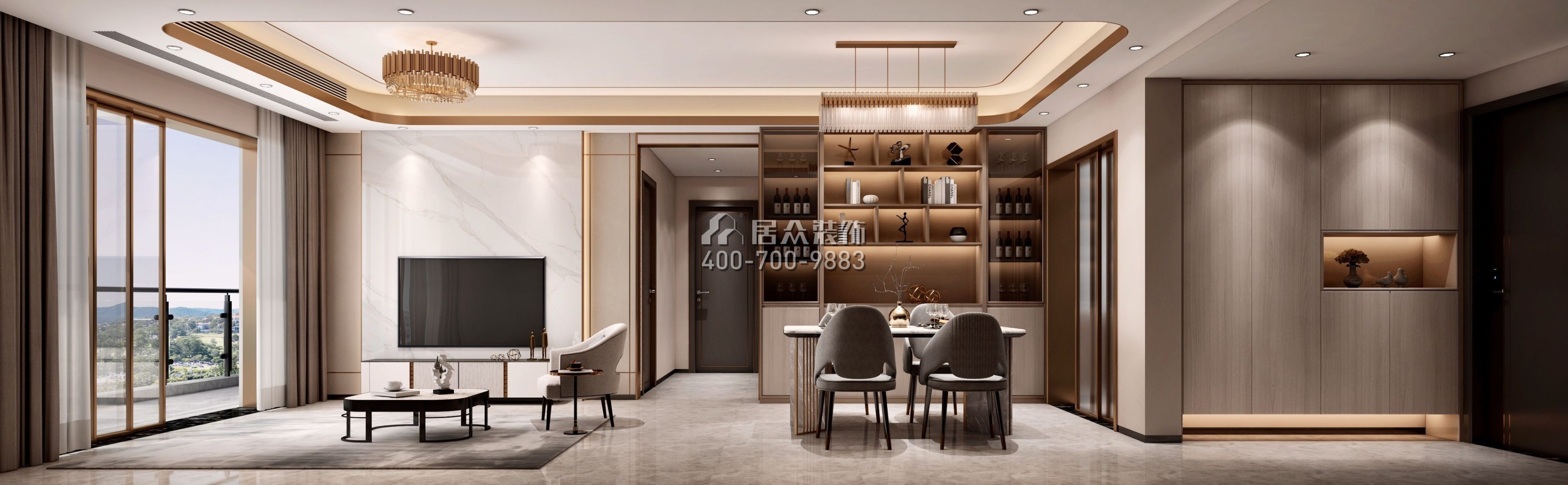 天鹅堡三期122平方米现代简约风格平层户型客餐厅一体装修效果图