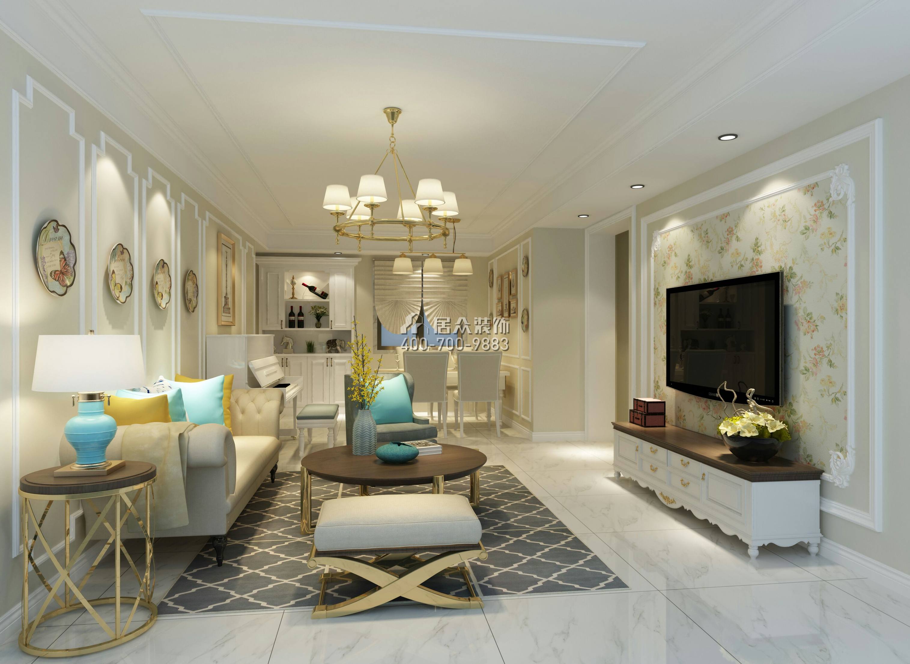 星河传奇一期102平方米美式风格平层户型客厅装修效果图