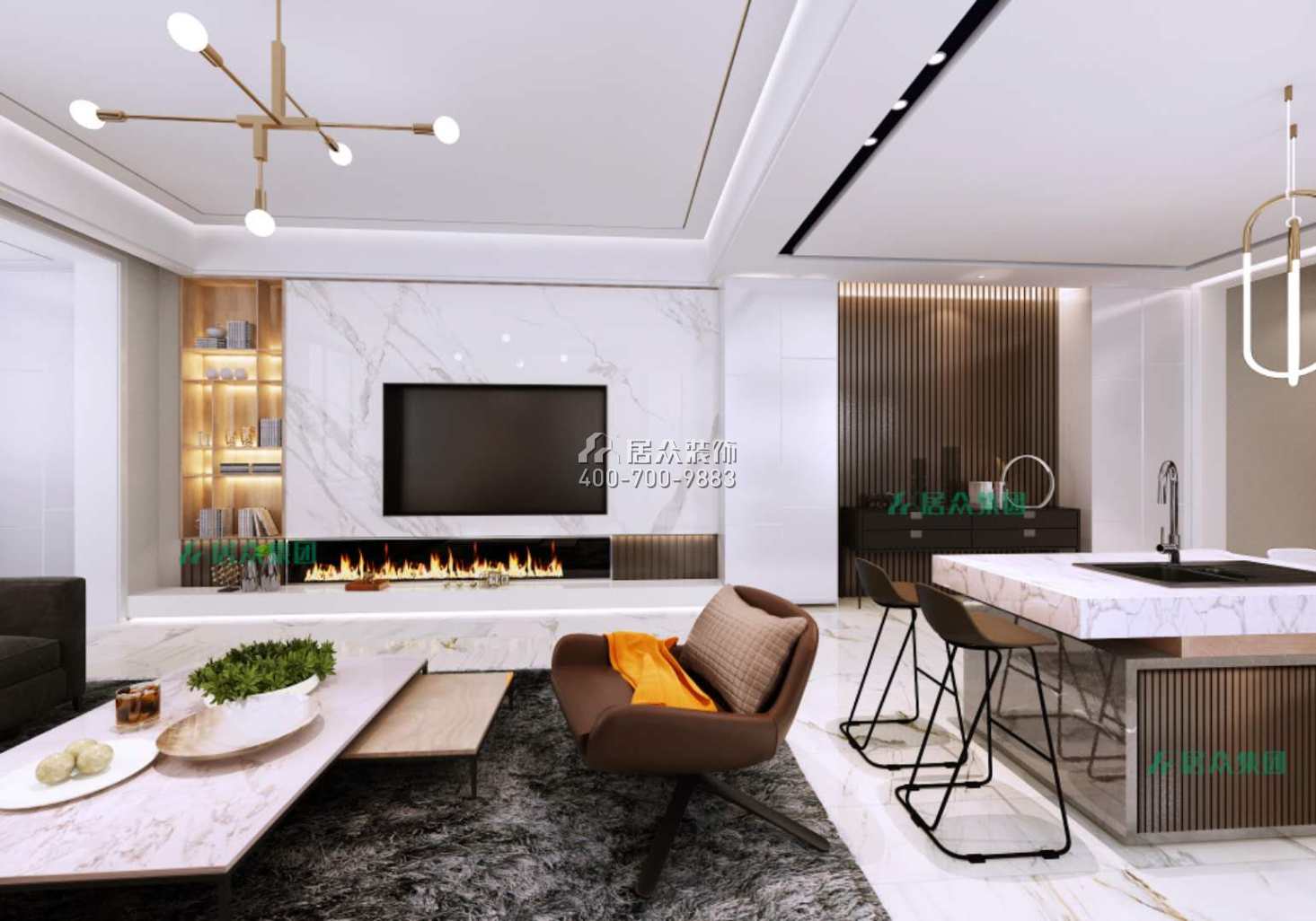 保利中央公园430平方米现代简约风格别墅户型客餐厅一体装修效果图