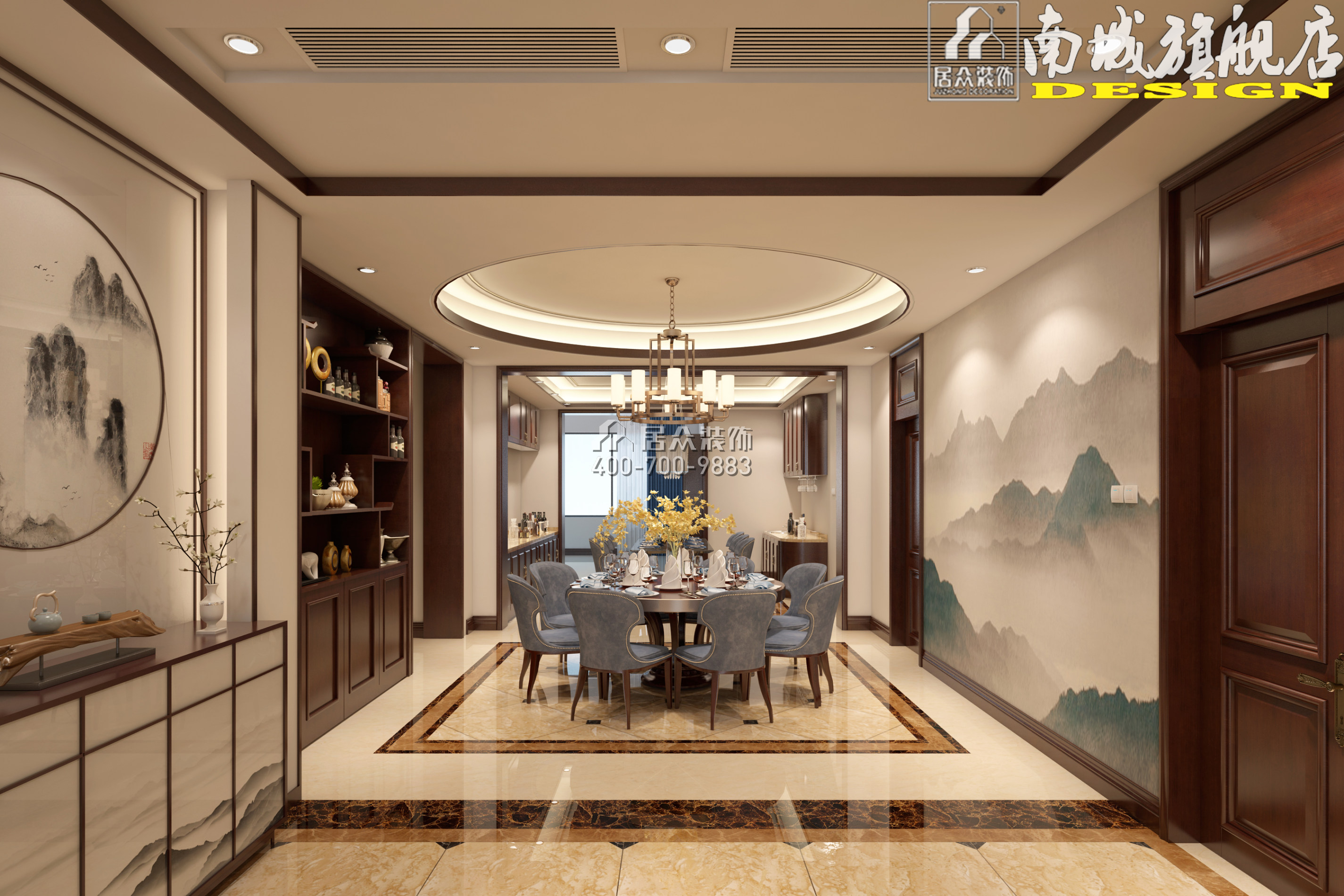 碧桂園天璽彎406平方米中式風格平層戶型餐廳裝修效果圖