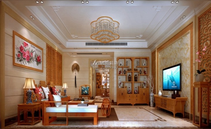 中洲中央公園200平方米中式風格平層戶型客廳裝修效果圖