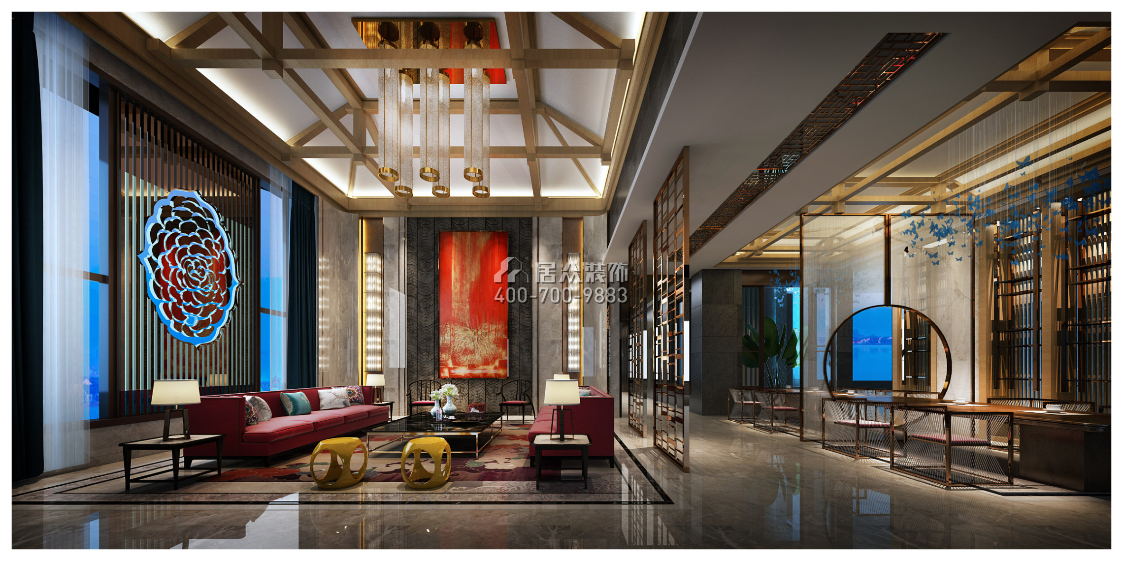 湘江壹号450平方米中式风格别墅户型客厅装修效果图
