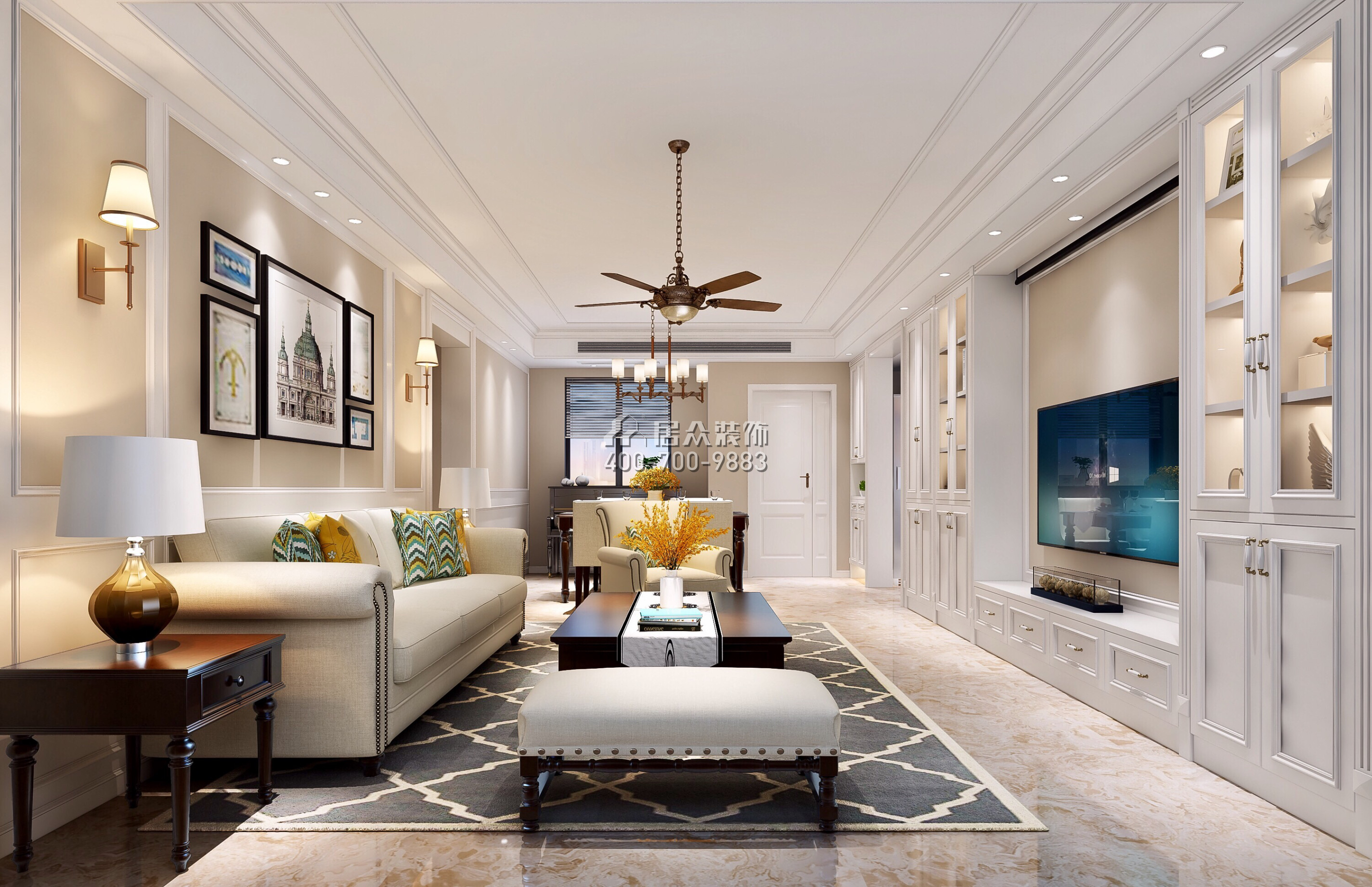 郁金香家園150平方米美式風格平層戶型客廳裝修效果圖