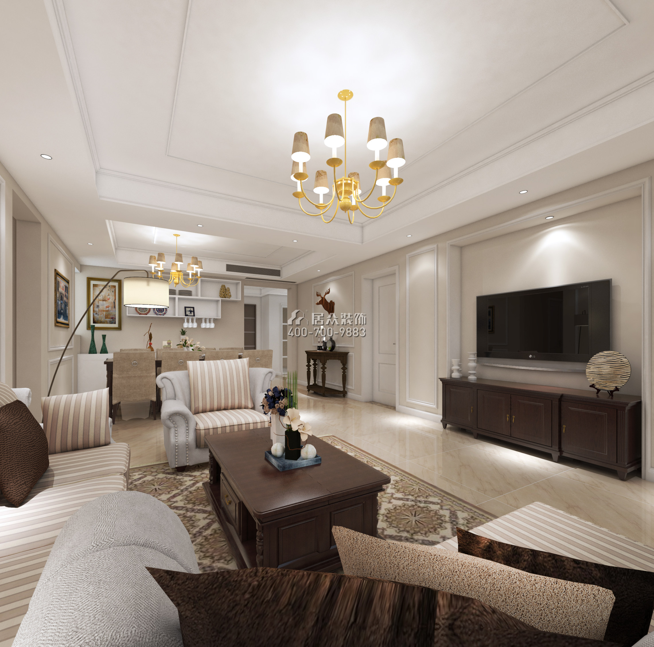 黃埔雅苑一期143平方米美式風格平層戶型客廳裝修效果圖