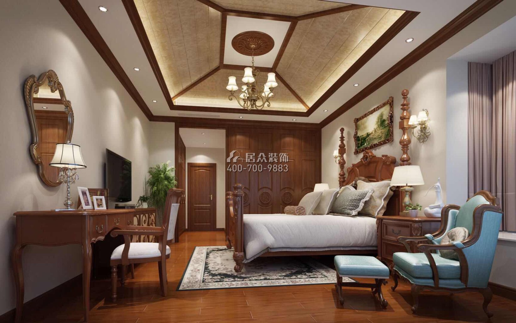 观园200平方米美式风格平层户型卧室装修效果图