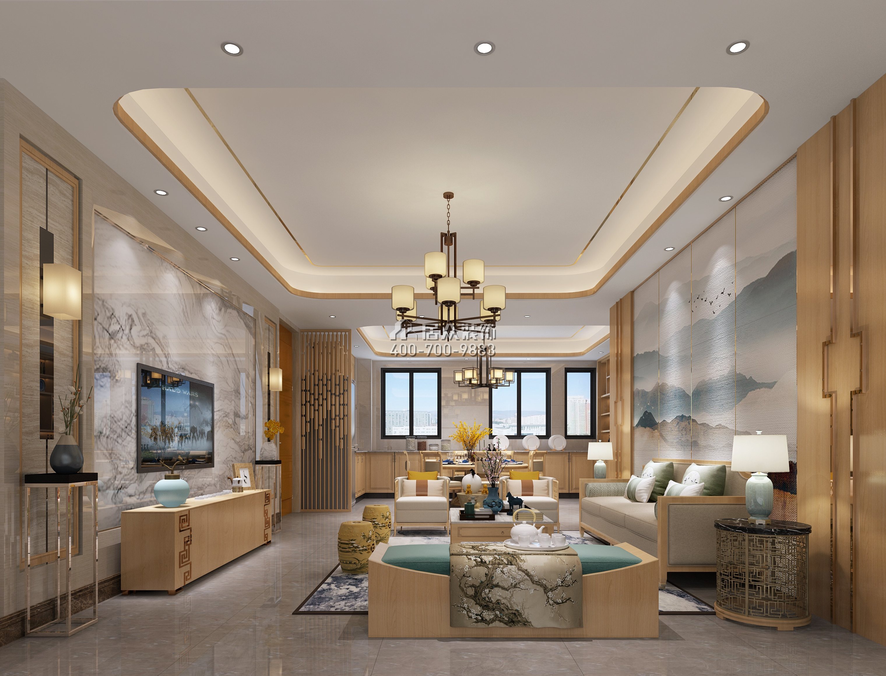 御花苑天珑湾126平方米中式风格平层户型客厅装修效果图