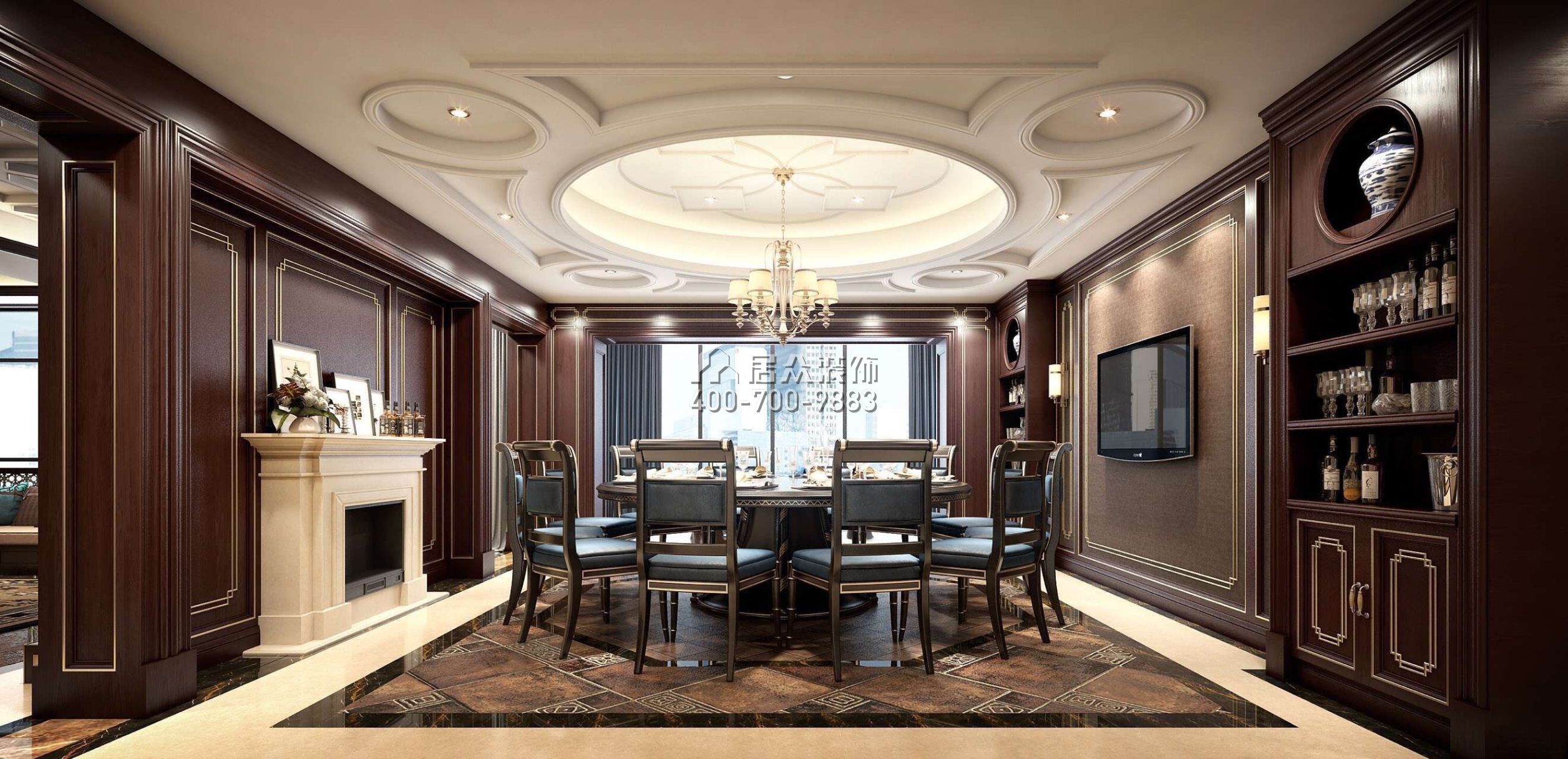 藏龙280平方米美式风格平层户型餐厅装修效果图