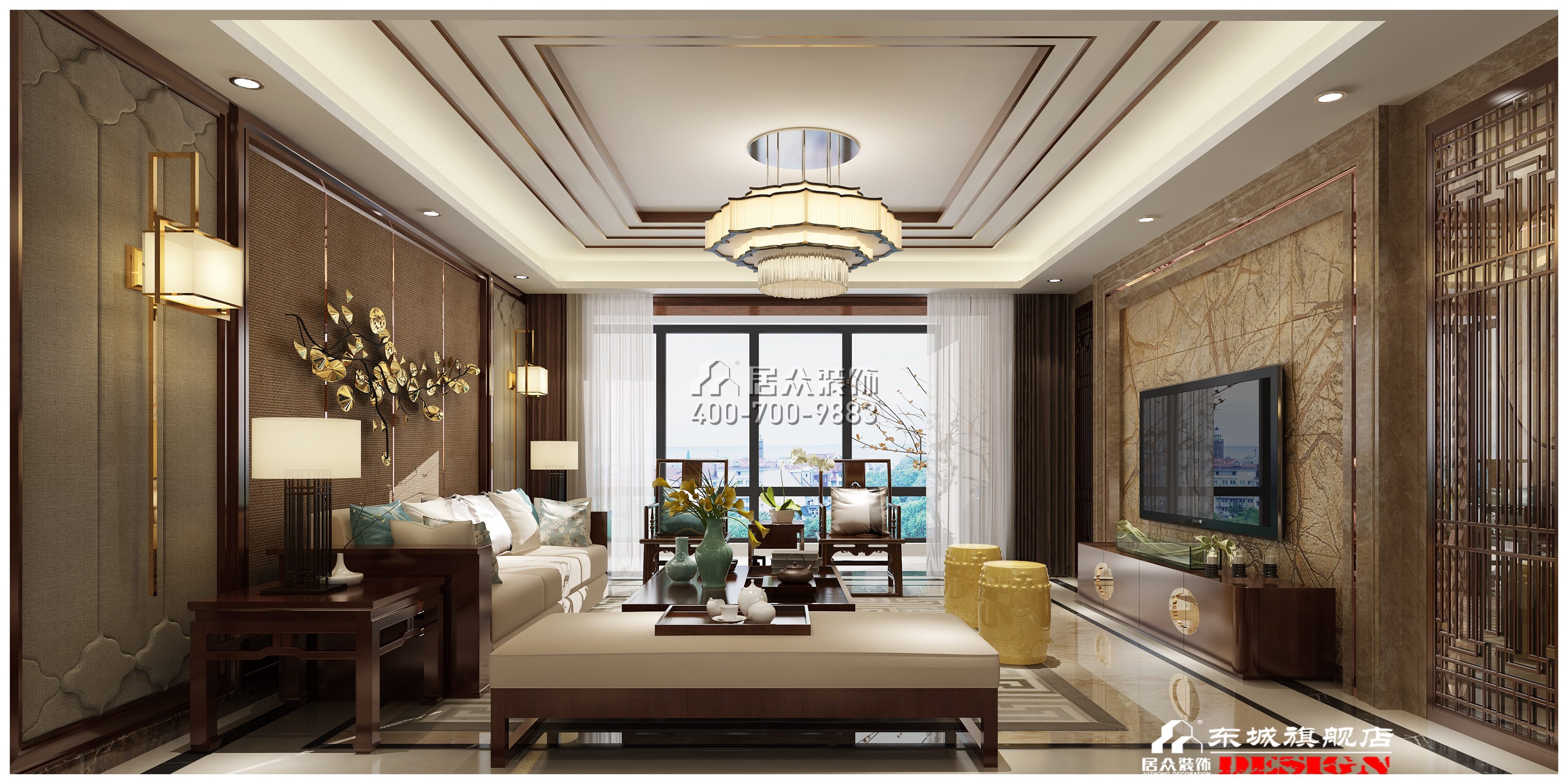 藏龙230平方米中式风格平层户型客厅装修效果图