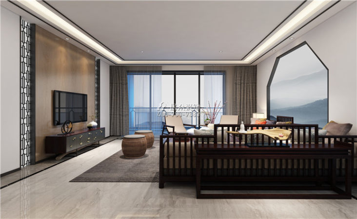 300平方米中式风格平层户型客厅装修效果图