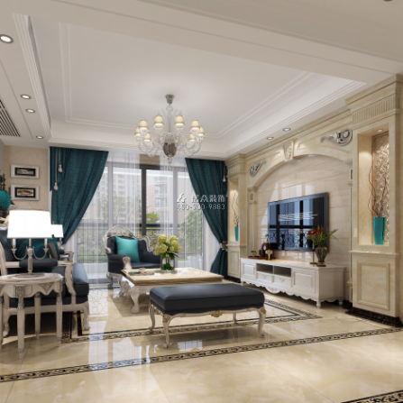 大運城邦四期92平方米美式風格平層戶型客廳裝修效果圖