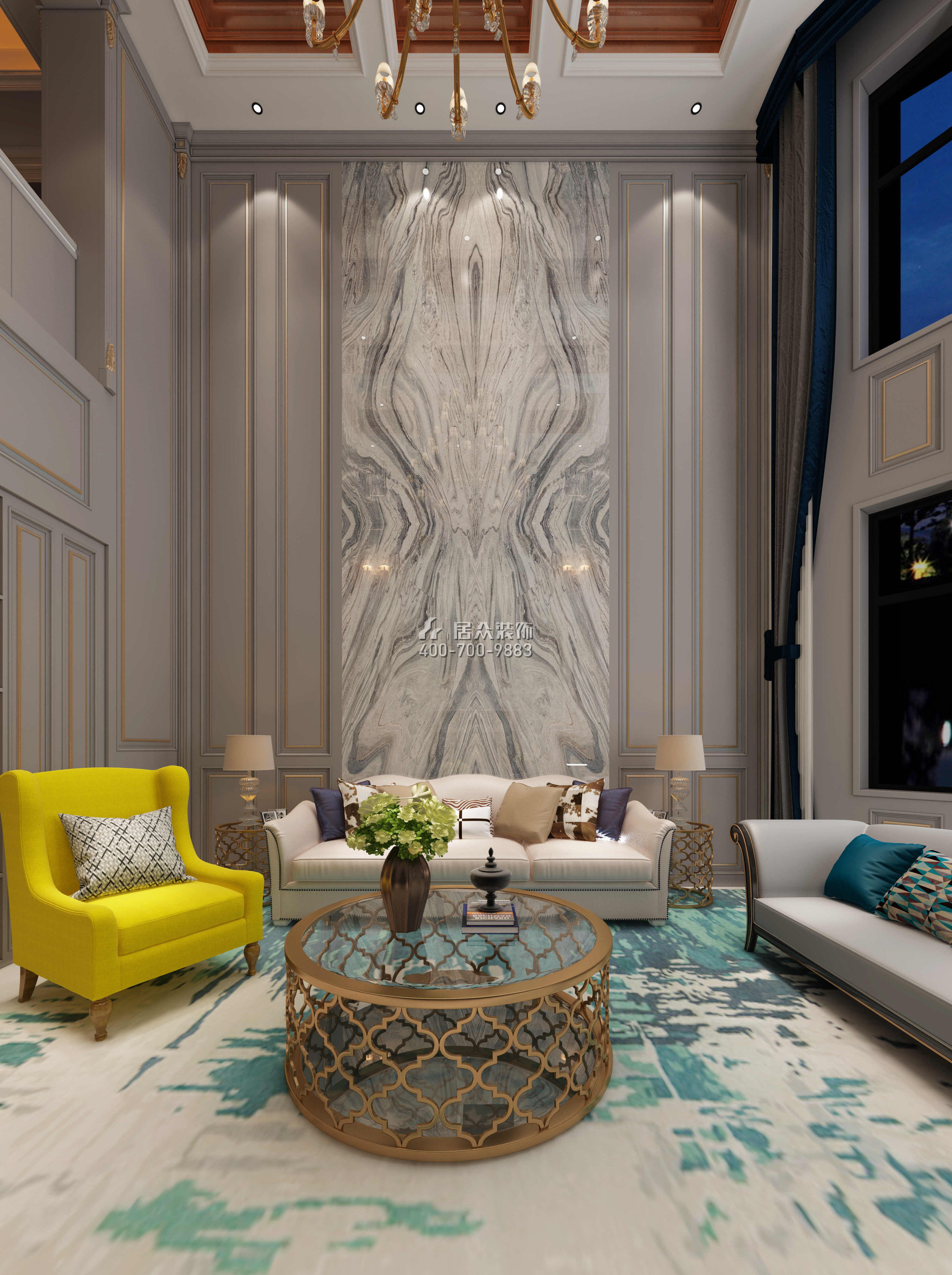 保利中央公园300平方米美式风格别墅户型客厅装修效果图