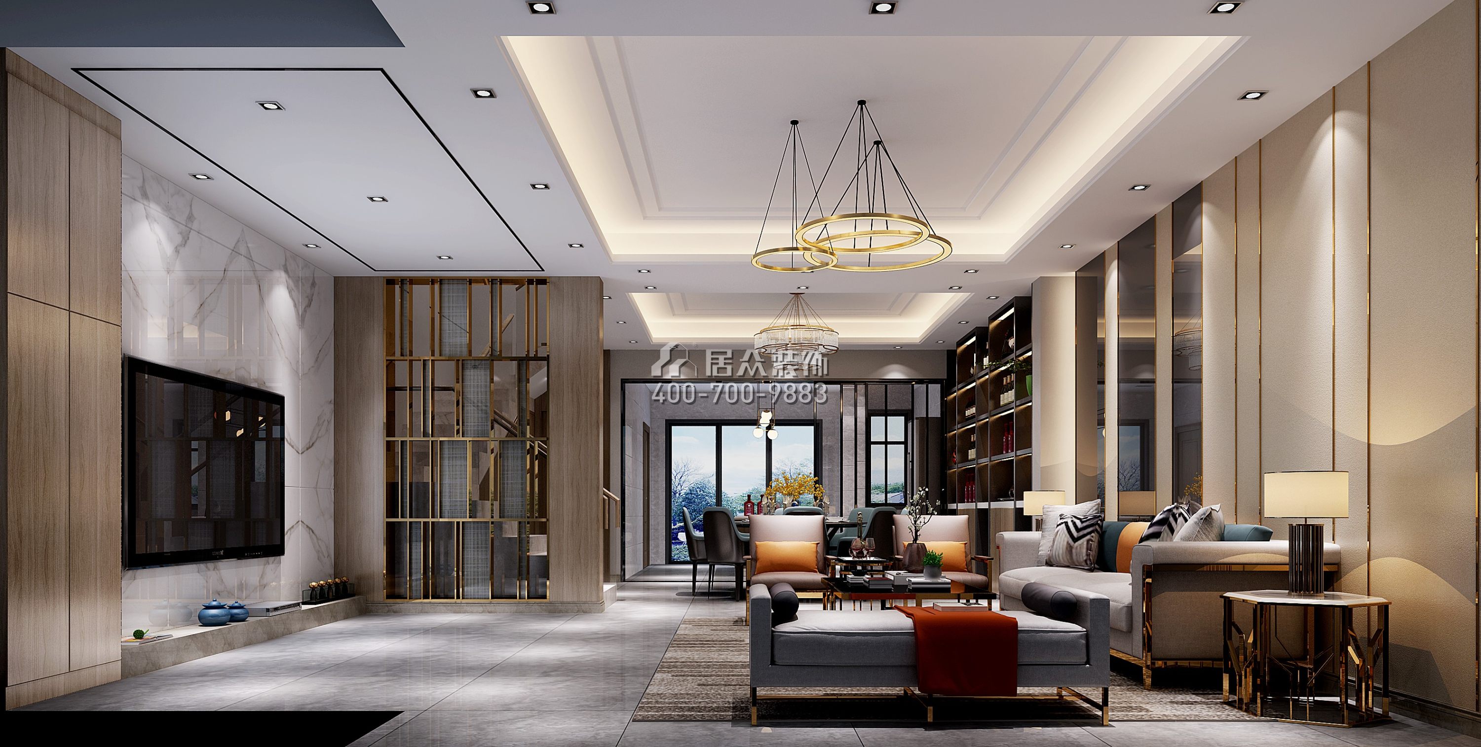 卓越蔚藍山250平方米新古典風格別墅戶型客廳裝修效果圖