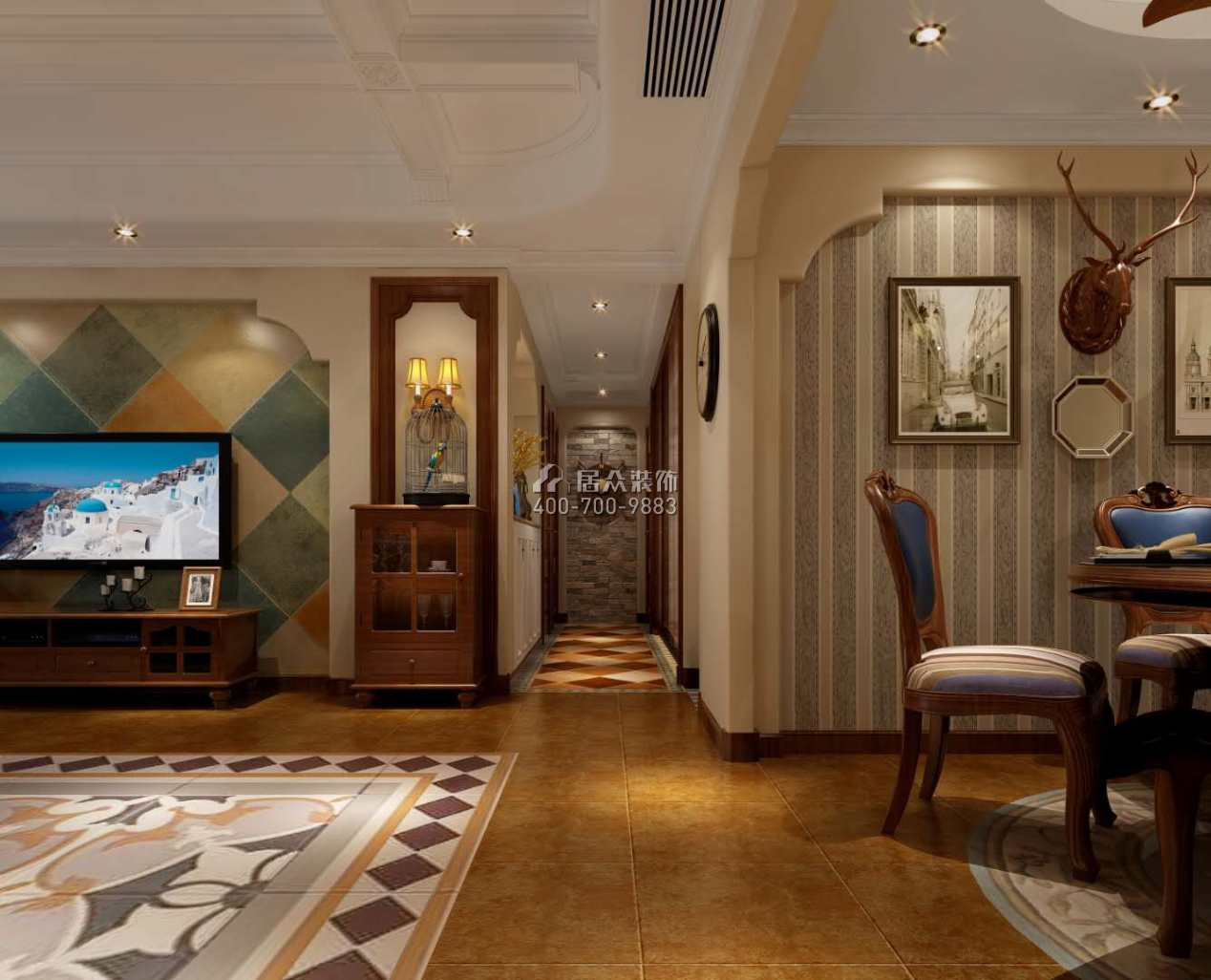 维港半岛150平方米美式风格平层户型客餐厅一体装修效果图