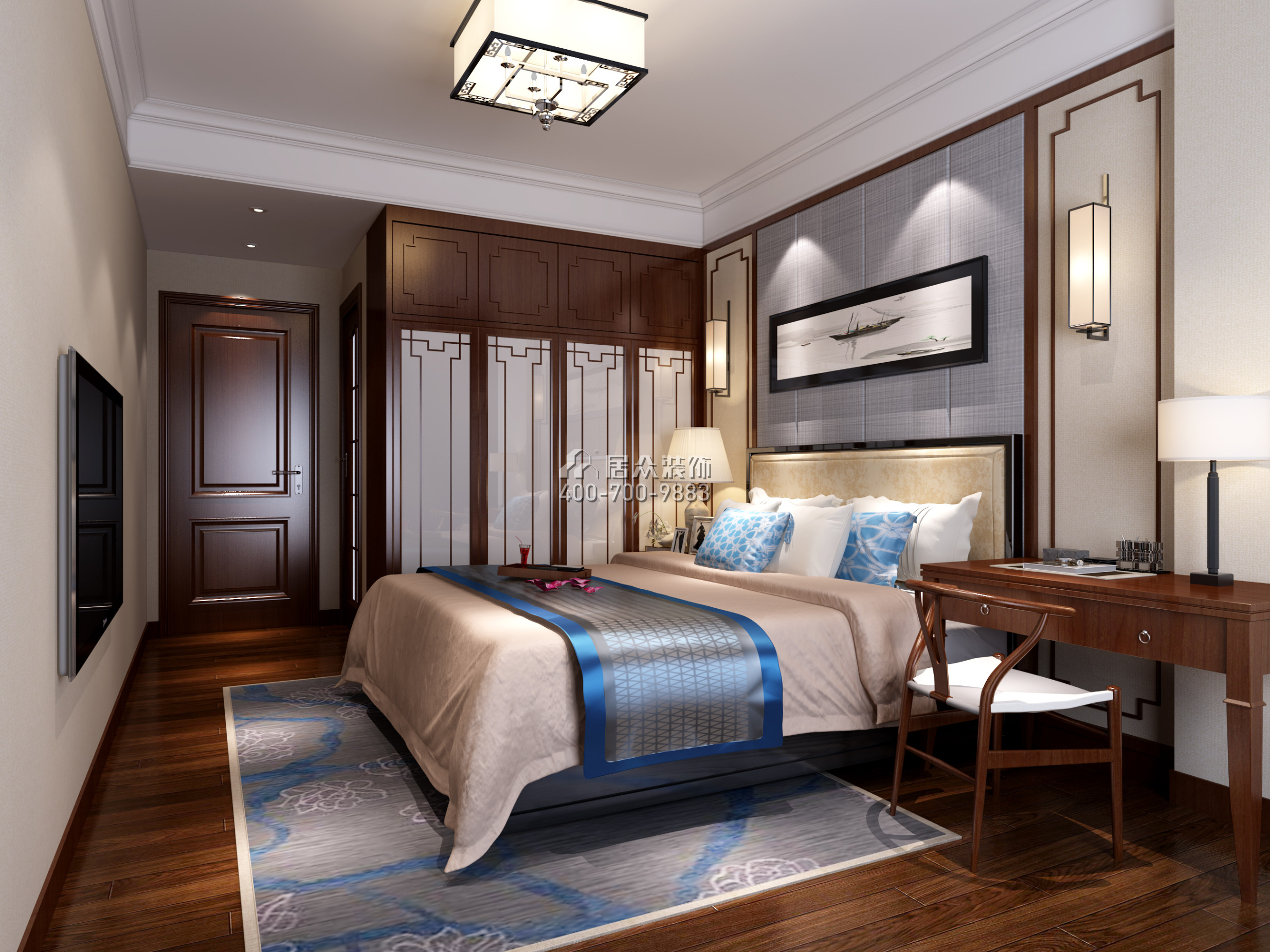 联投东方华府二期112平方米中式风格平层户型卧室装修效果图