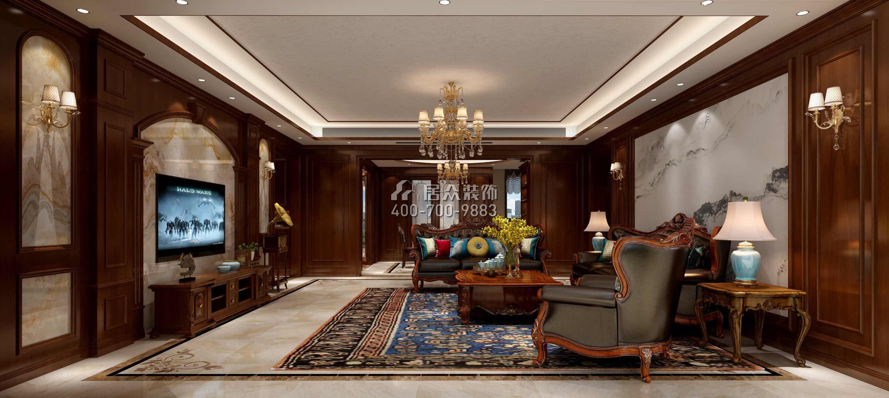 蘭江山第一期200平方米美式風格平層戶型客廳裝修效果圖