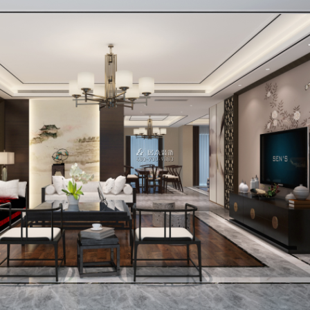 山語清暉一期220平方米中式風格平層戶型客廳裝修效果圖