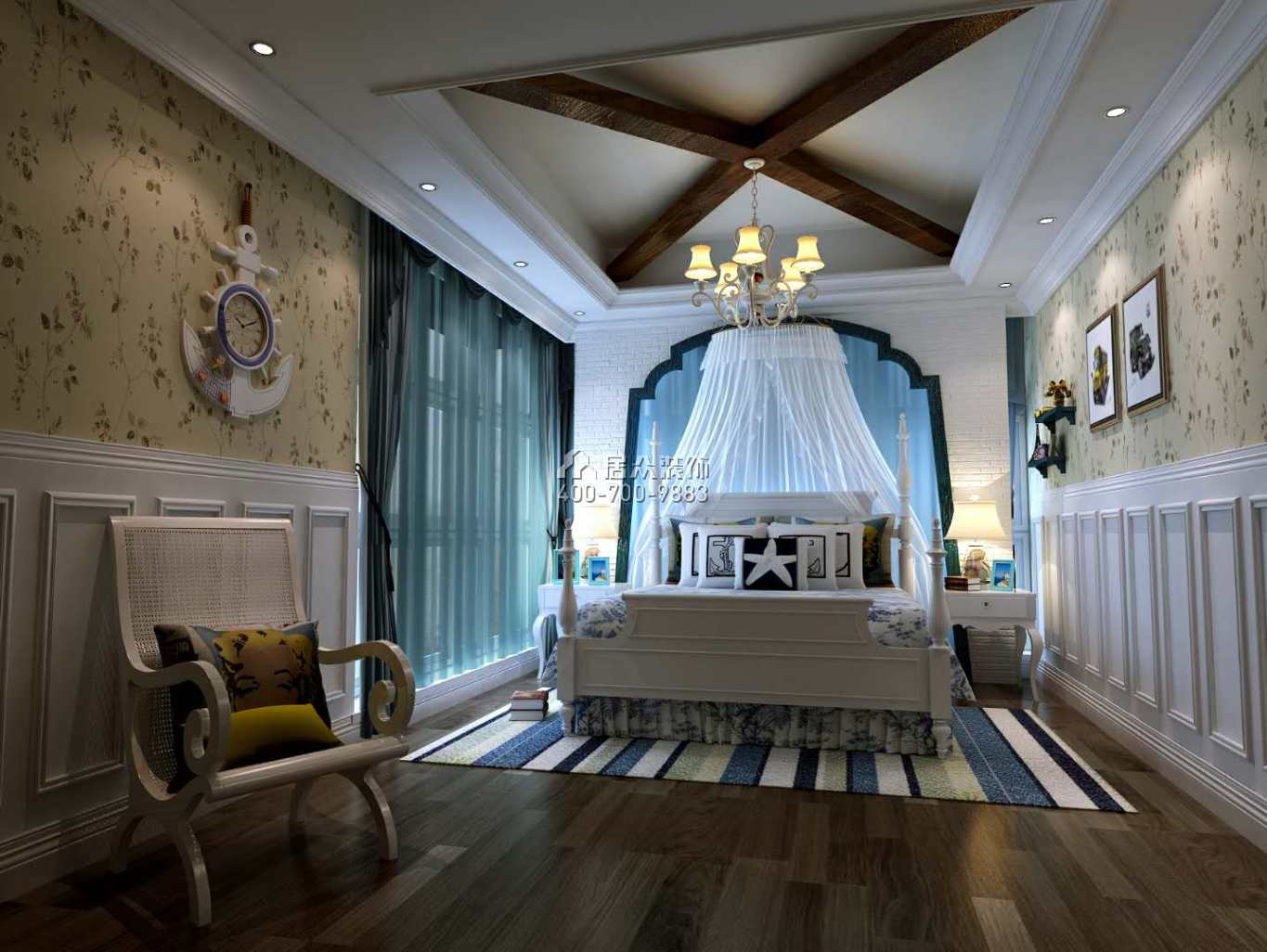 龙吟水榭400平方米美式风格别墅户型卧室装修效果图