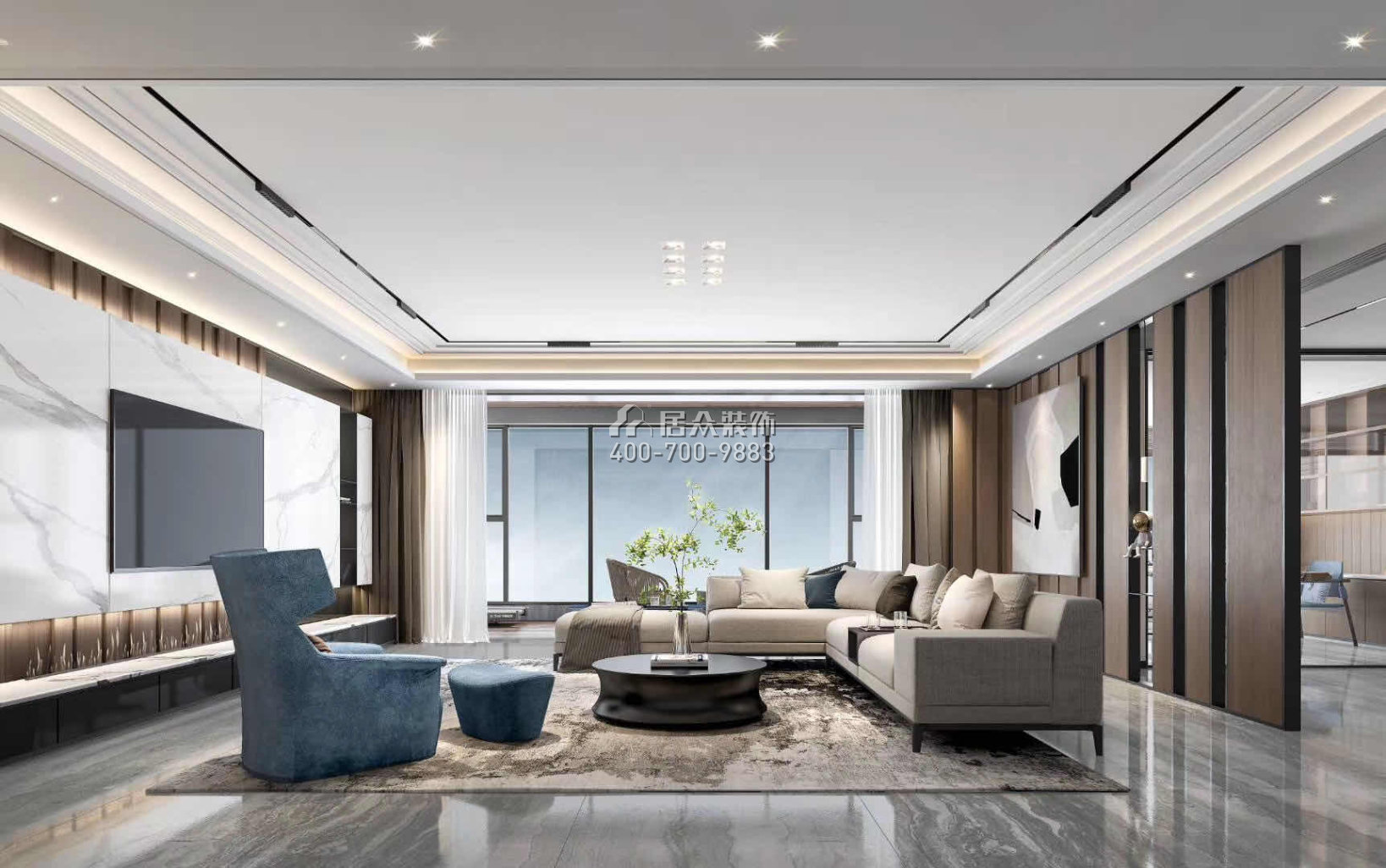 颐湾府189平方米现代简约风格平层户型客厅装修效果图