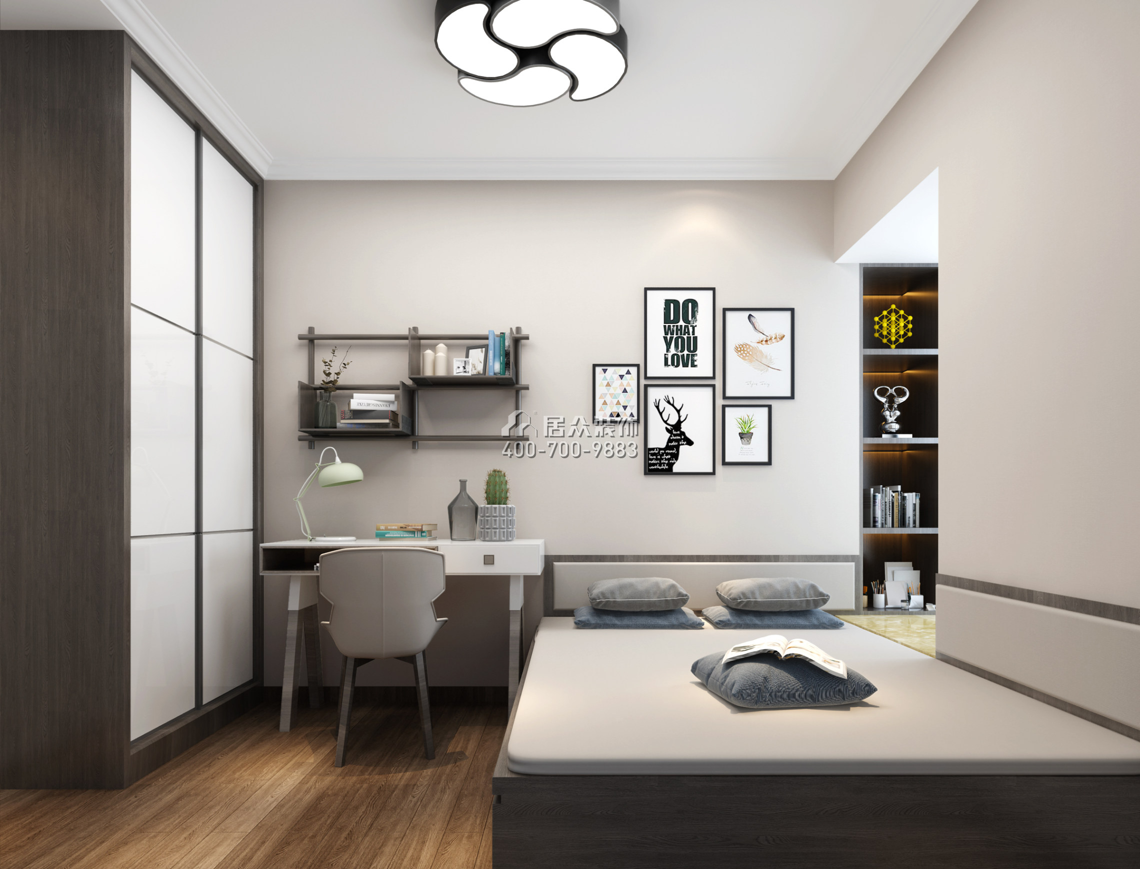松崗紅星國際二期110平方米現代簡約風格平層戶型臥室書房一體裝修效果圖