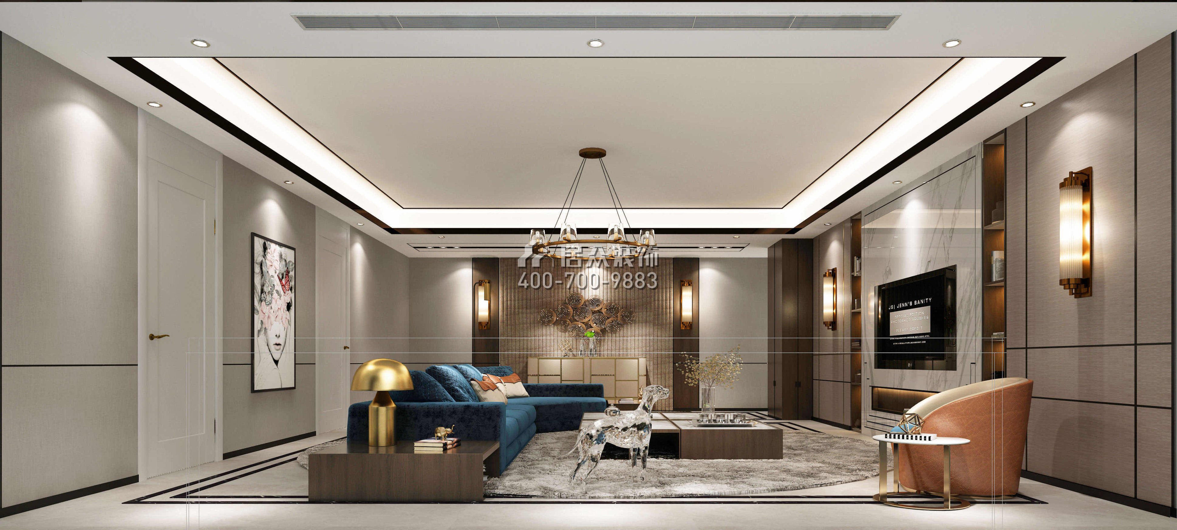 中海银海湾500平方米现代简约风格复式户型客厅kok电竞平台效果图