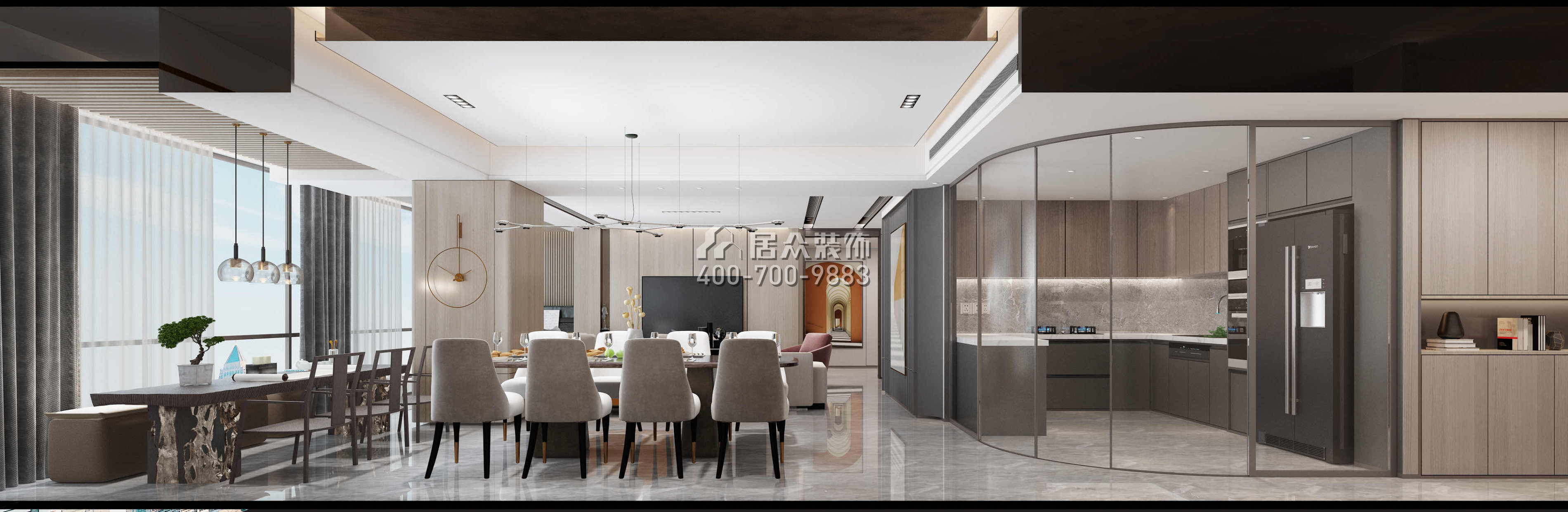 華潤城潤府198平方米現代簡約風格平層戶型客餐廳一體裝修效果圖