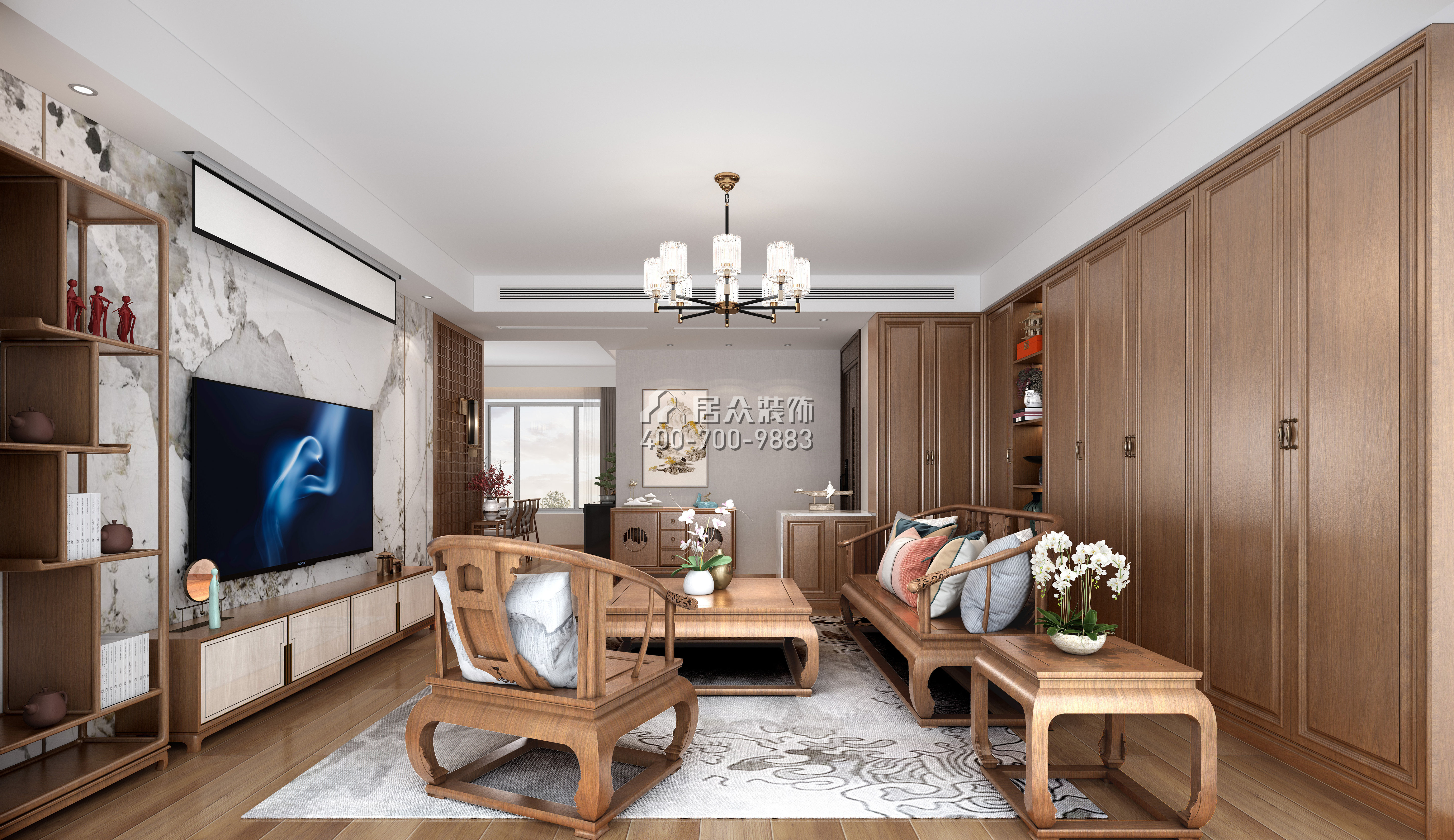 新天国际名苑150平方米中式风格平层户型客厅kok电竞平台效果图