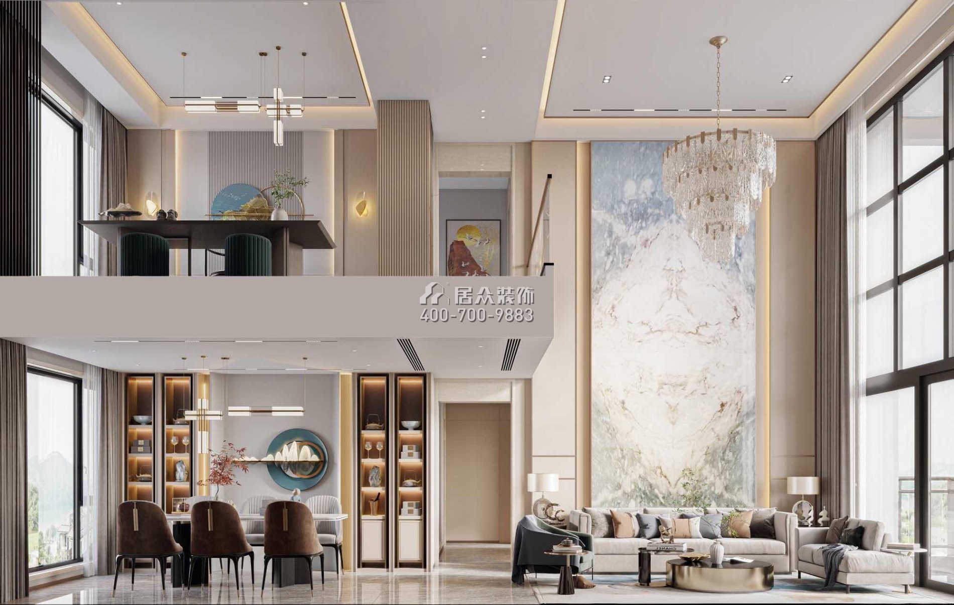 恒裕水墨蘭亭360平方米中式風格復式戶型客餐廳一體裝修效果圖