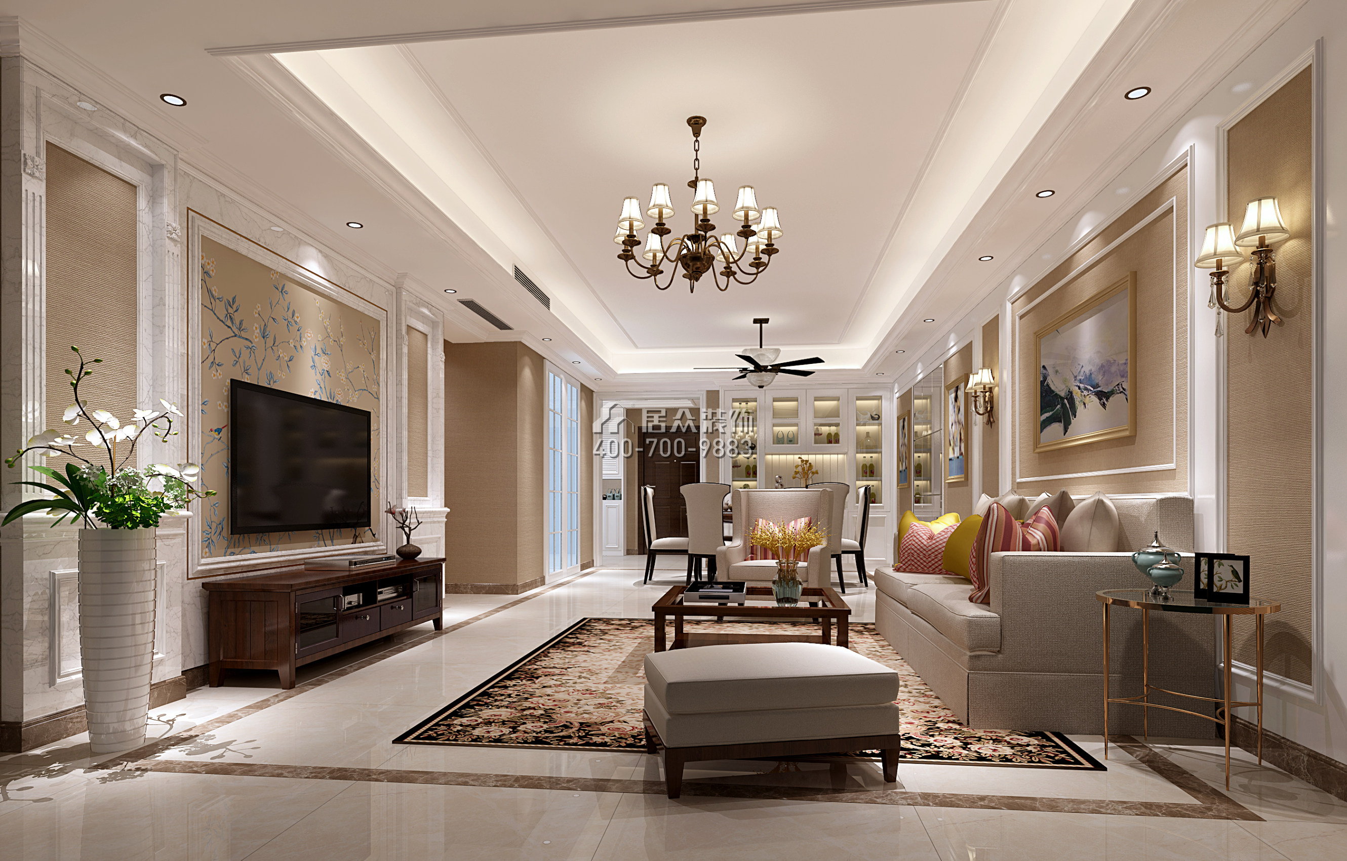 坪洲新村二期120平方米美式風格平層戶型客廳裝修效果圖