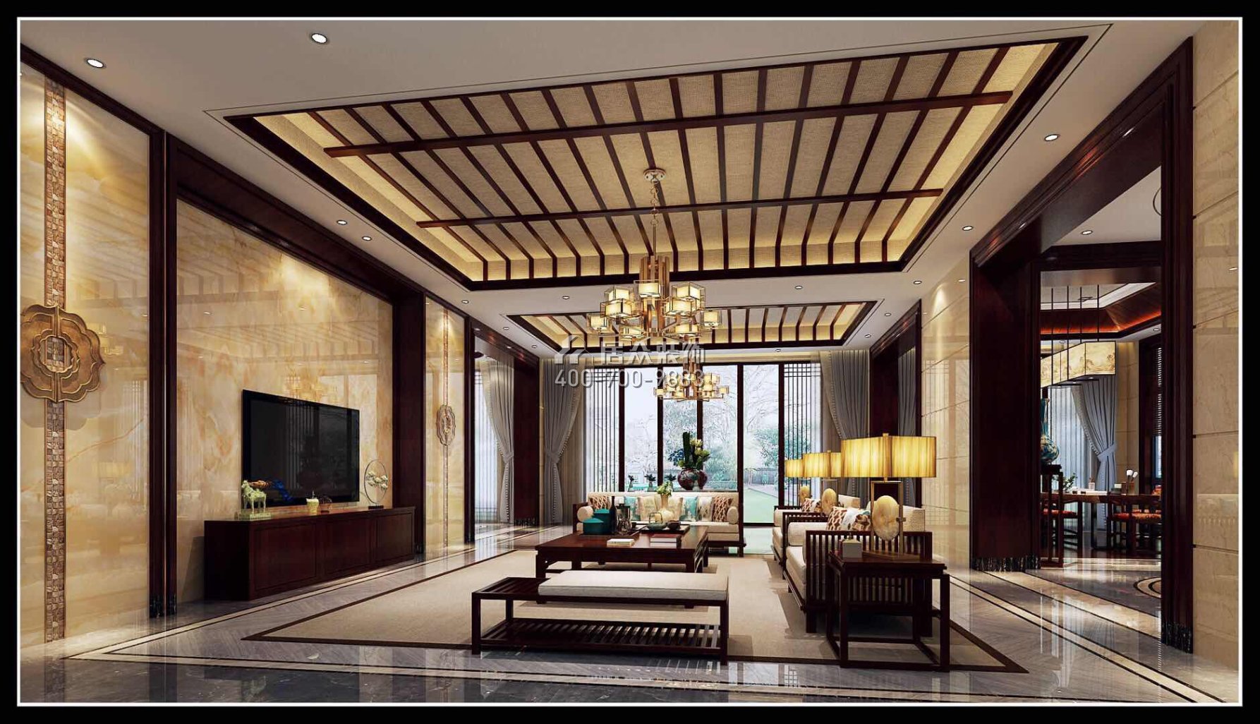 翡翠松山湖800平方米中式风格别墅户型客厅kok电竞平台效果图