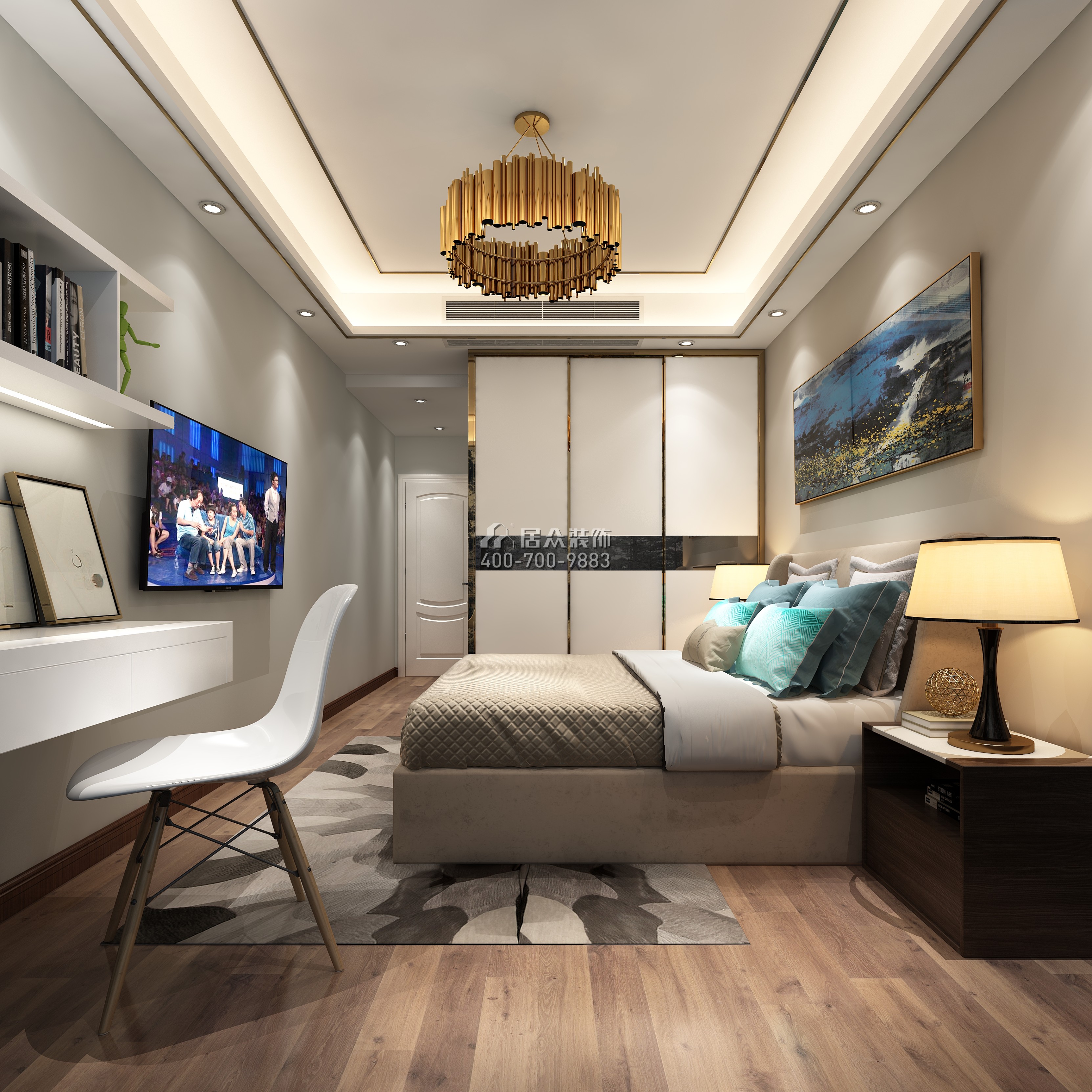 中洲中央公园120平方米现代简约风格平层户型卧室kok电竞平台效果图