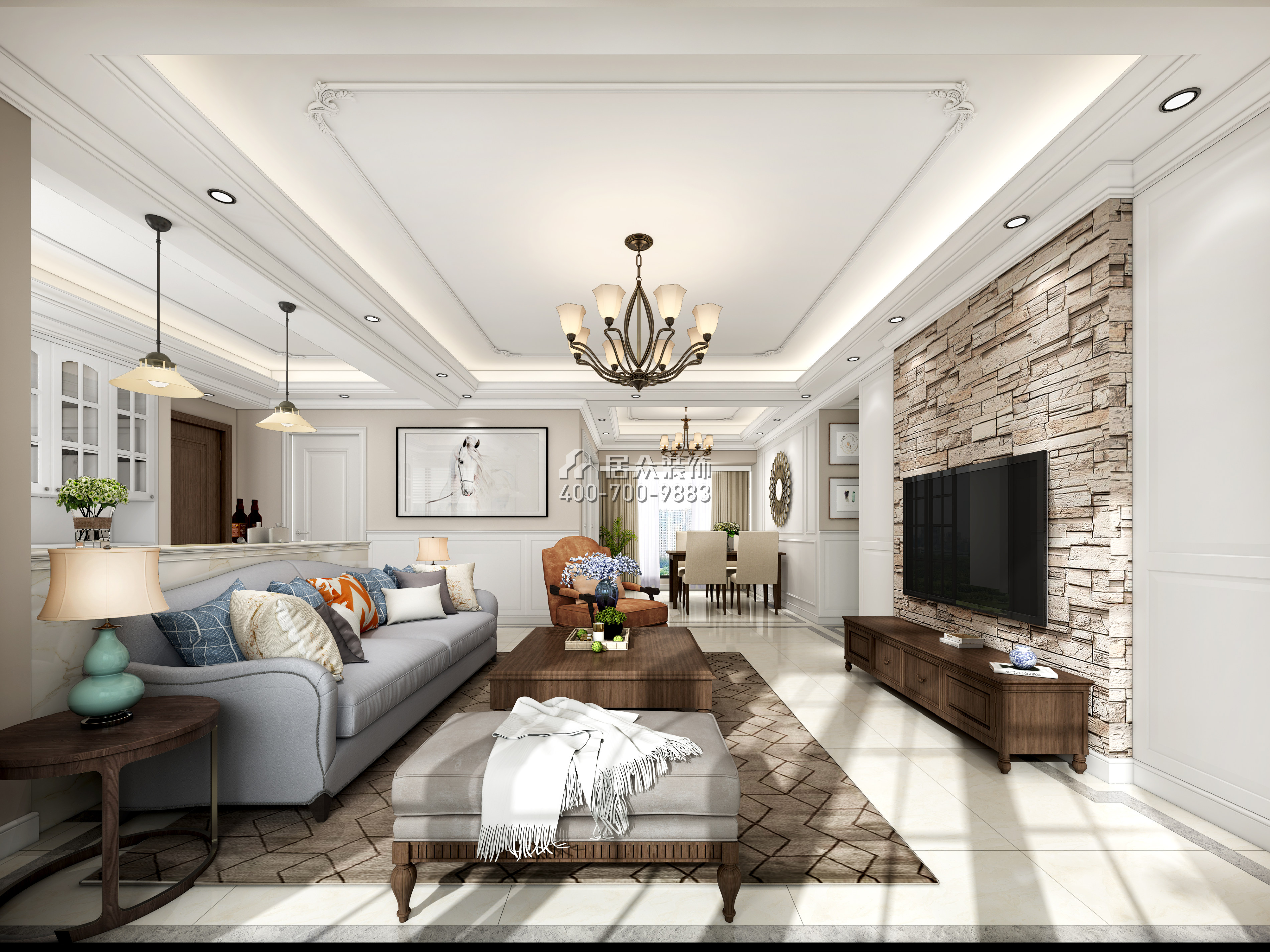 鸿荣源尚峰138平方米美式风格平层户型客厅装修效果图