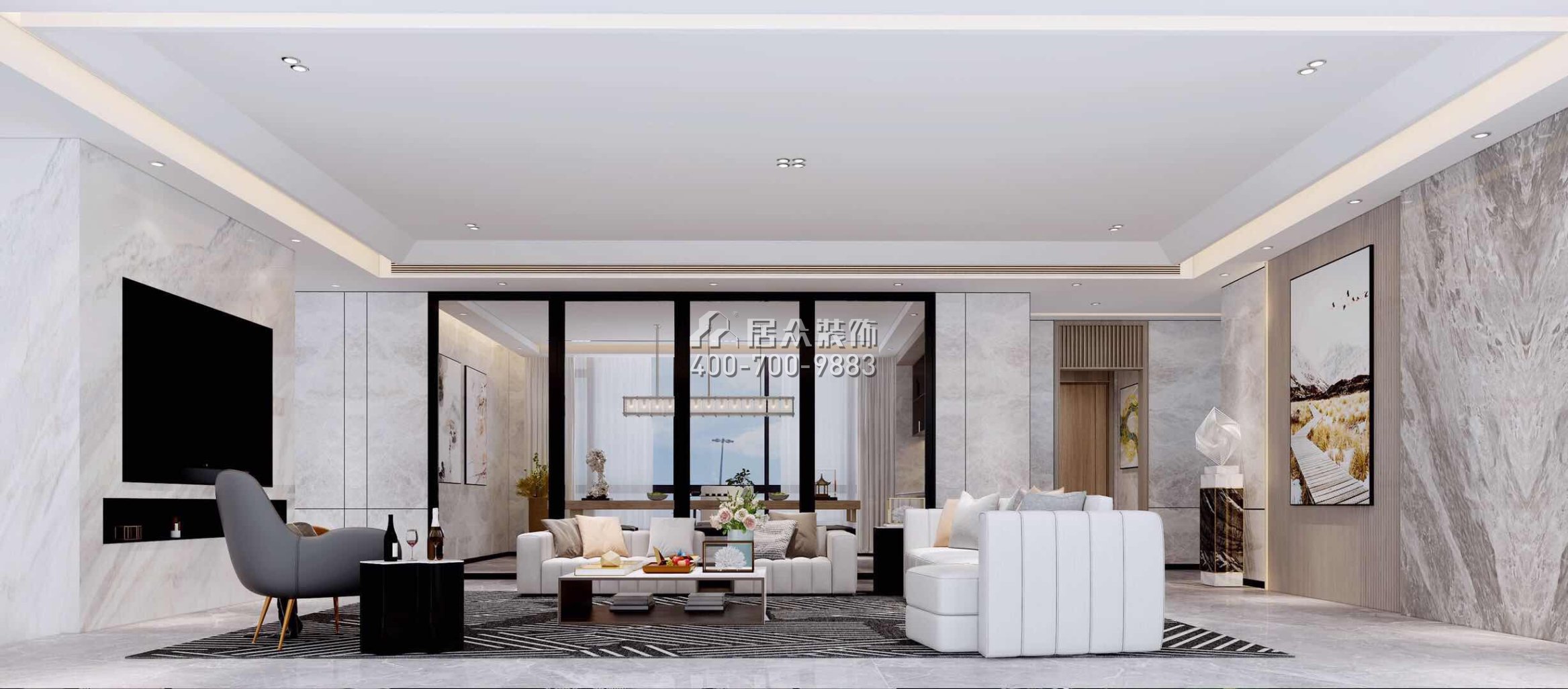 自建房300平方米現代簡約風格平層戶型客廳裝修效果圖