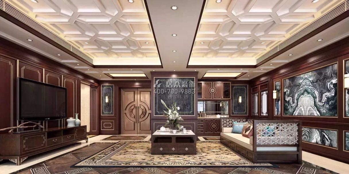 藏龙280平方米美式风格平层户型客厅装修效果图