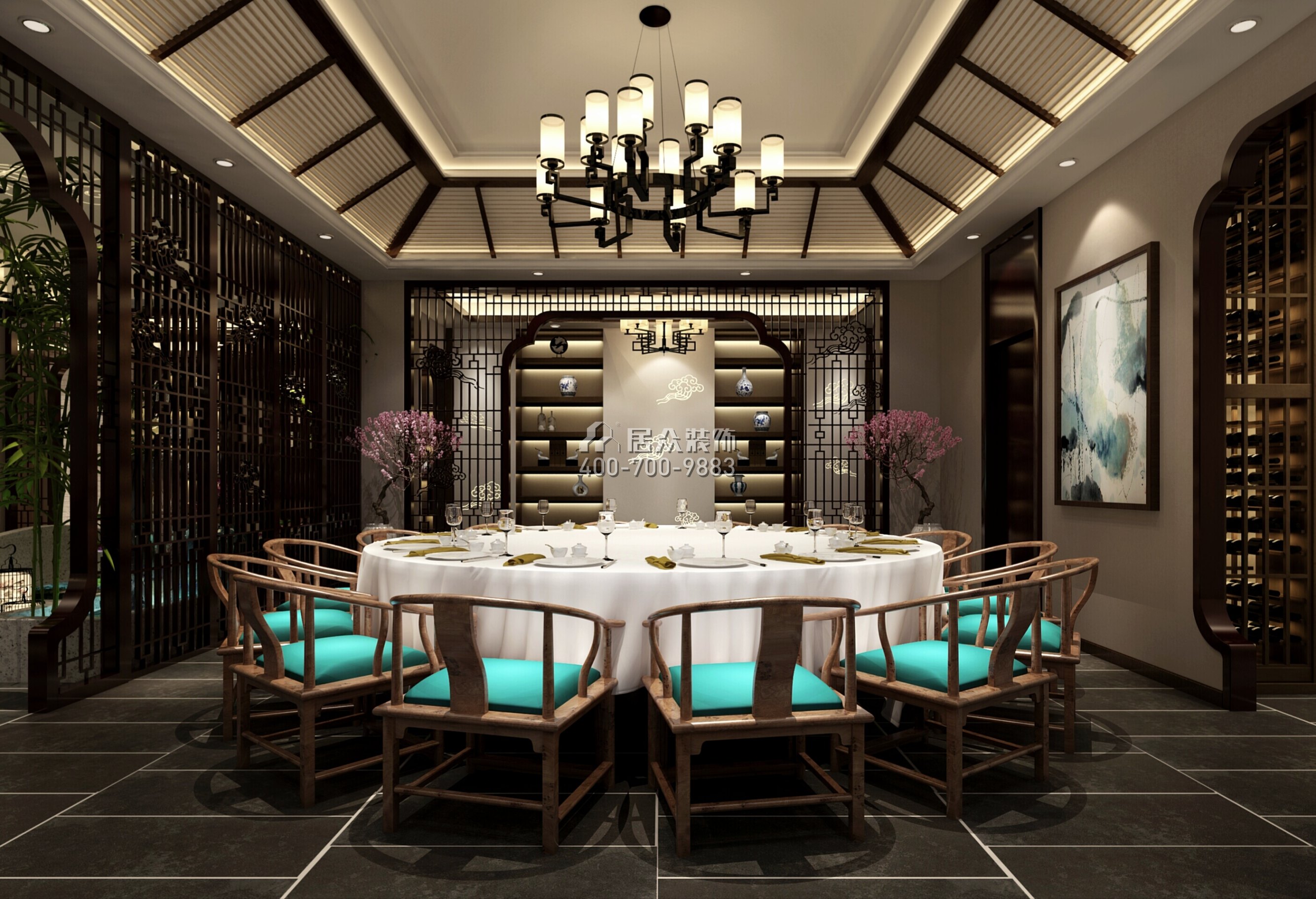 自建房1000平方米中式风格别墅户型餐厅装修效果图