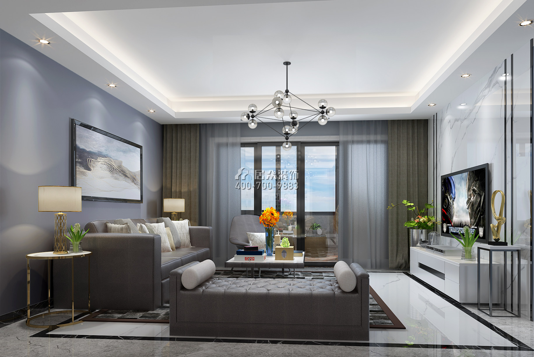 維港半島142平方米現代簡約風格平層戶型客廳裝修效果圖
