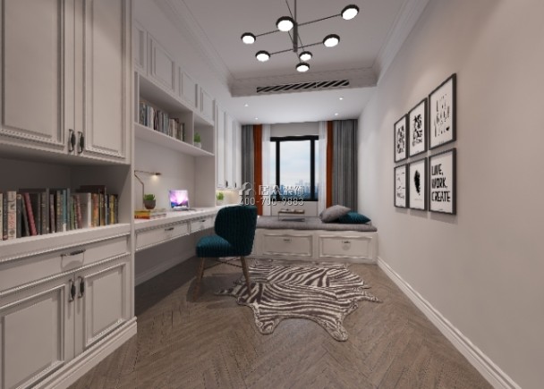 纯水岸十五期253平方米美式风格平层户型卧室书房一体装修效果图