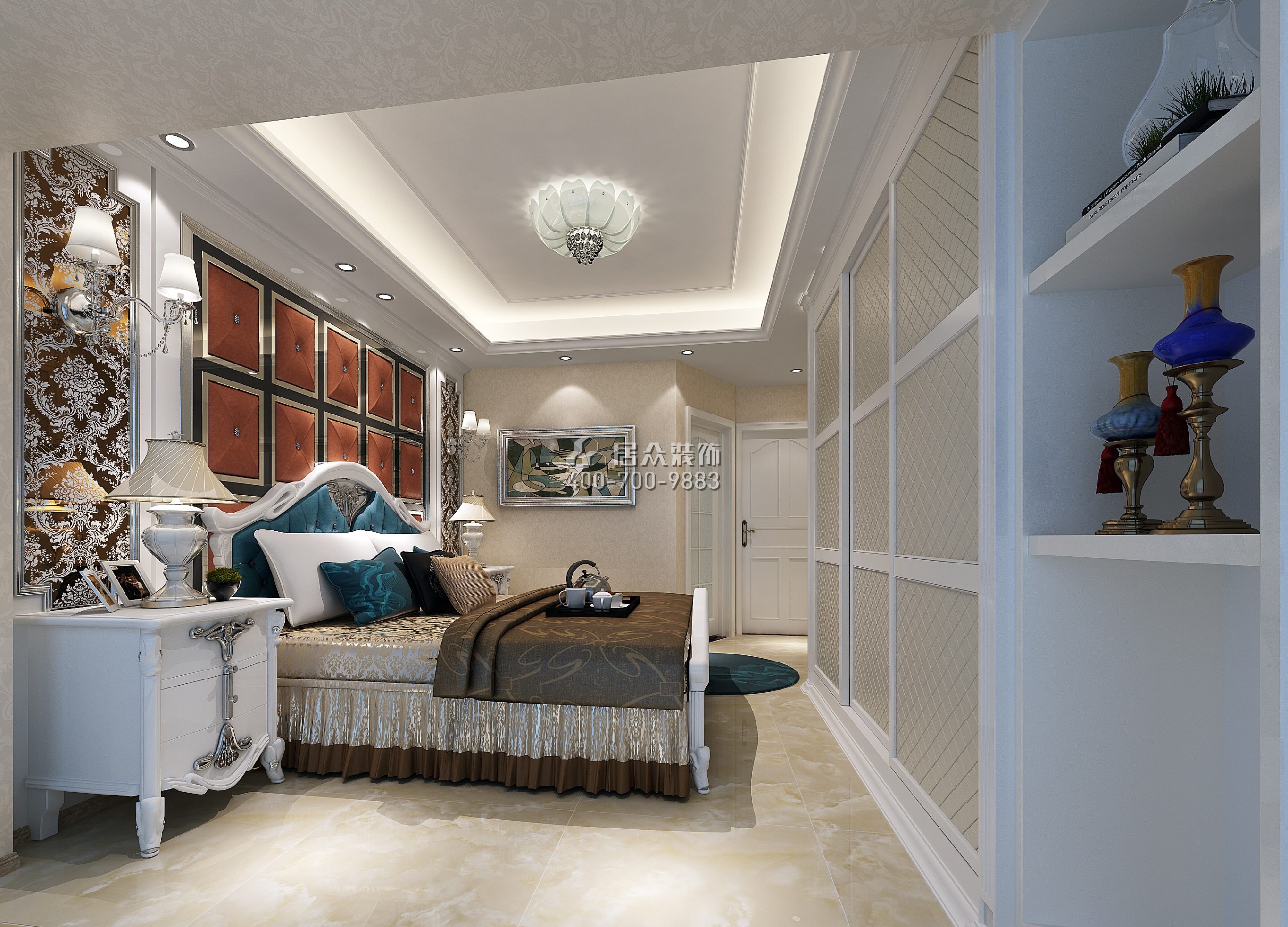大运城邦四期92平方米美式风格平层户型卧室装修效果图